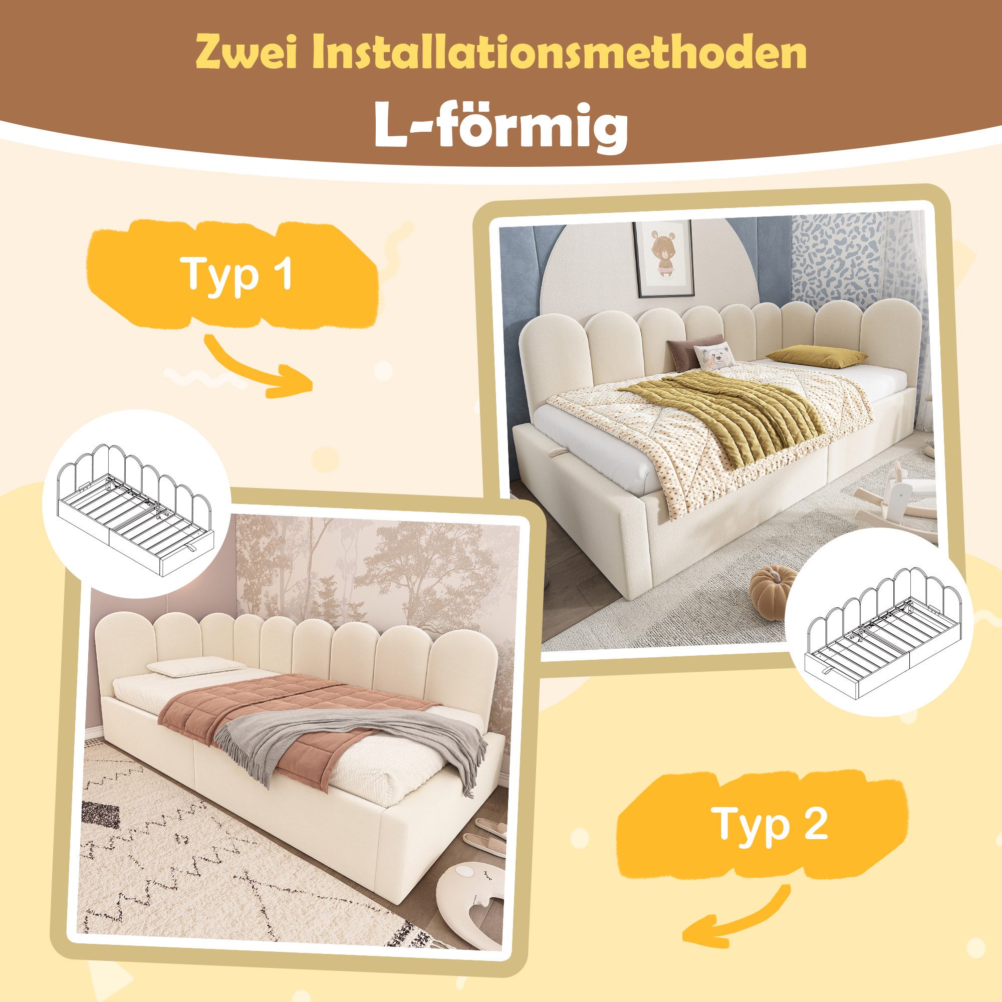Flieks Polsterbett, Tagesbett Schlafsofa Daybett 90x200cm mit hydraulischem Stauraum