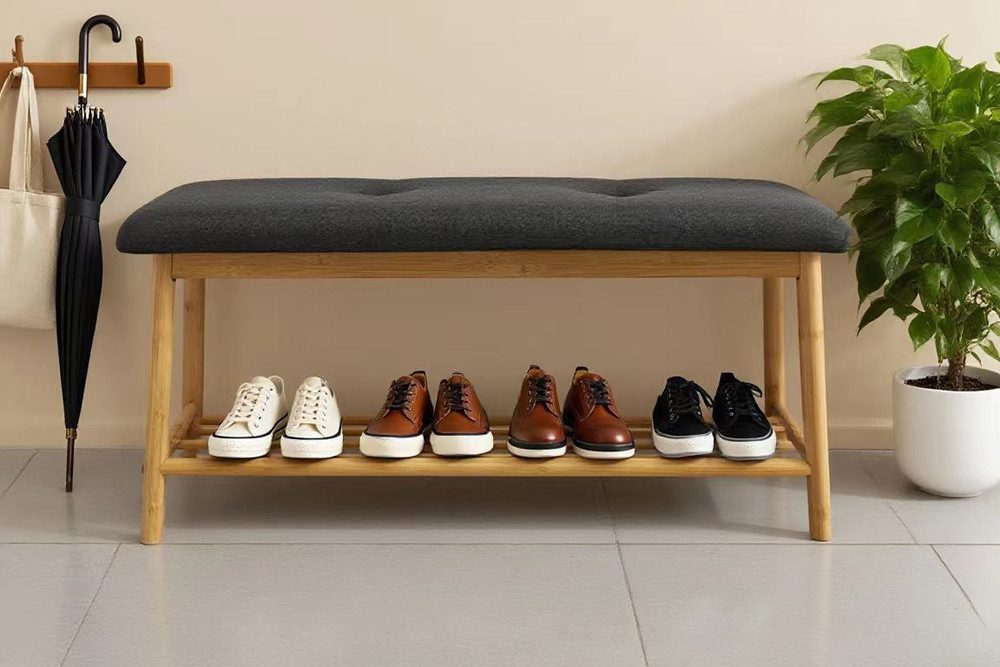 riess-ambiente Schuhbank ZEN-BO 90cm natur/grau - Bambus, FSC, Regal, Sitzbank, mit Stauraum (Einzelartikel, 1-St), Gepolsterte Garderobenbank aus Massivholz - ideal für Eingangsbereich