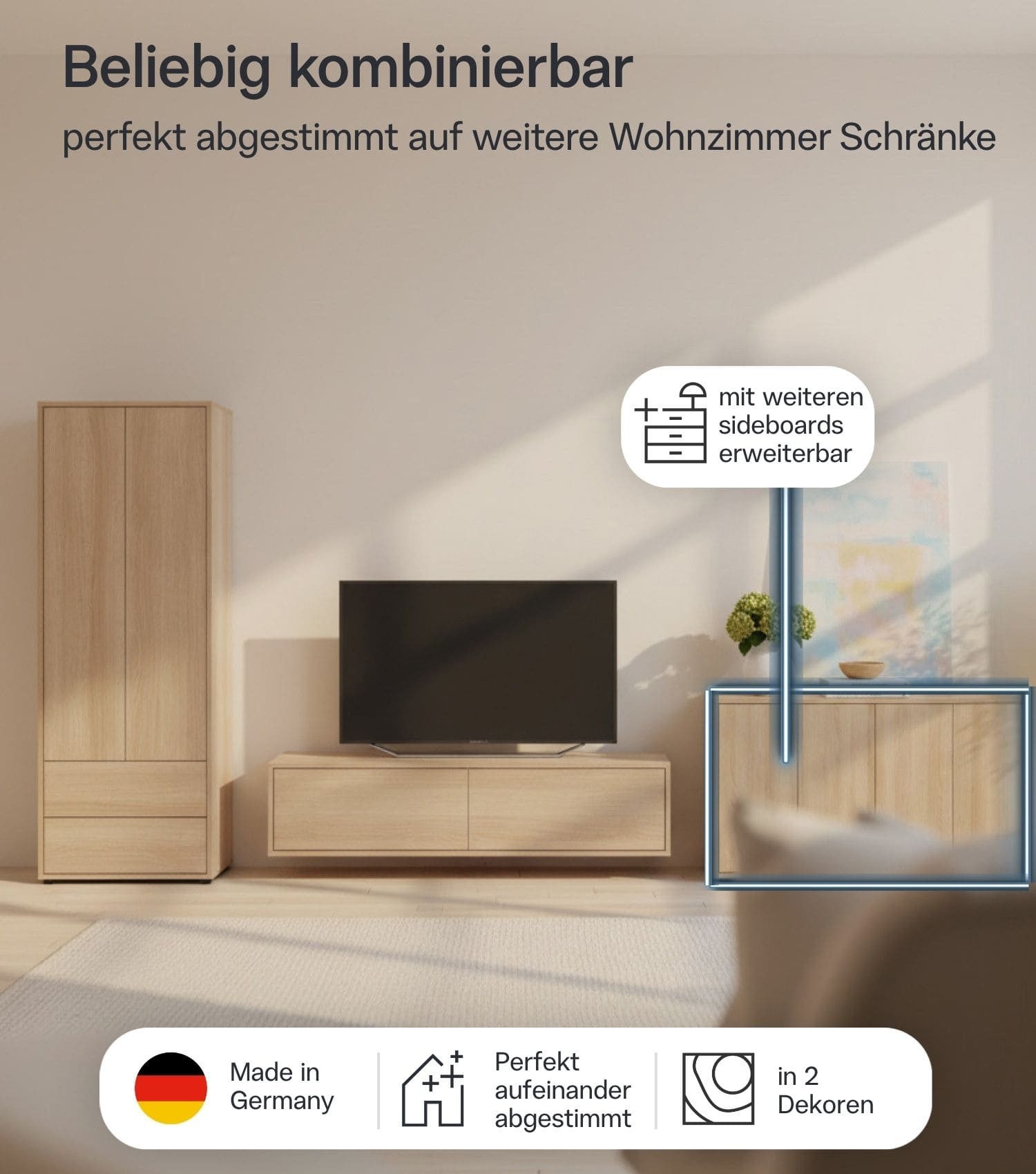 mokebo Sideboard 'Horizon' Holz Kommode Push-to-Open Türen Schrank (73x136 cm, mit Einlegeböden), Made in Germany, Kommode, Beistellschrank, Anrichte in Eiche – Bild 4 von 5