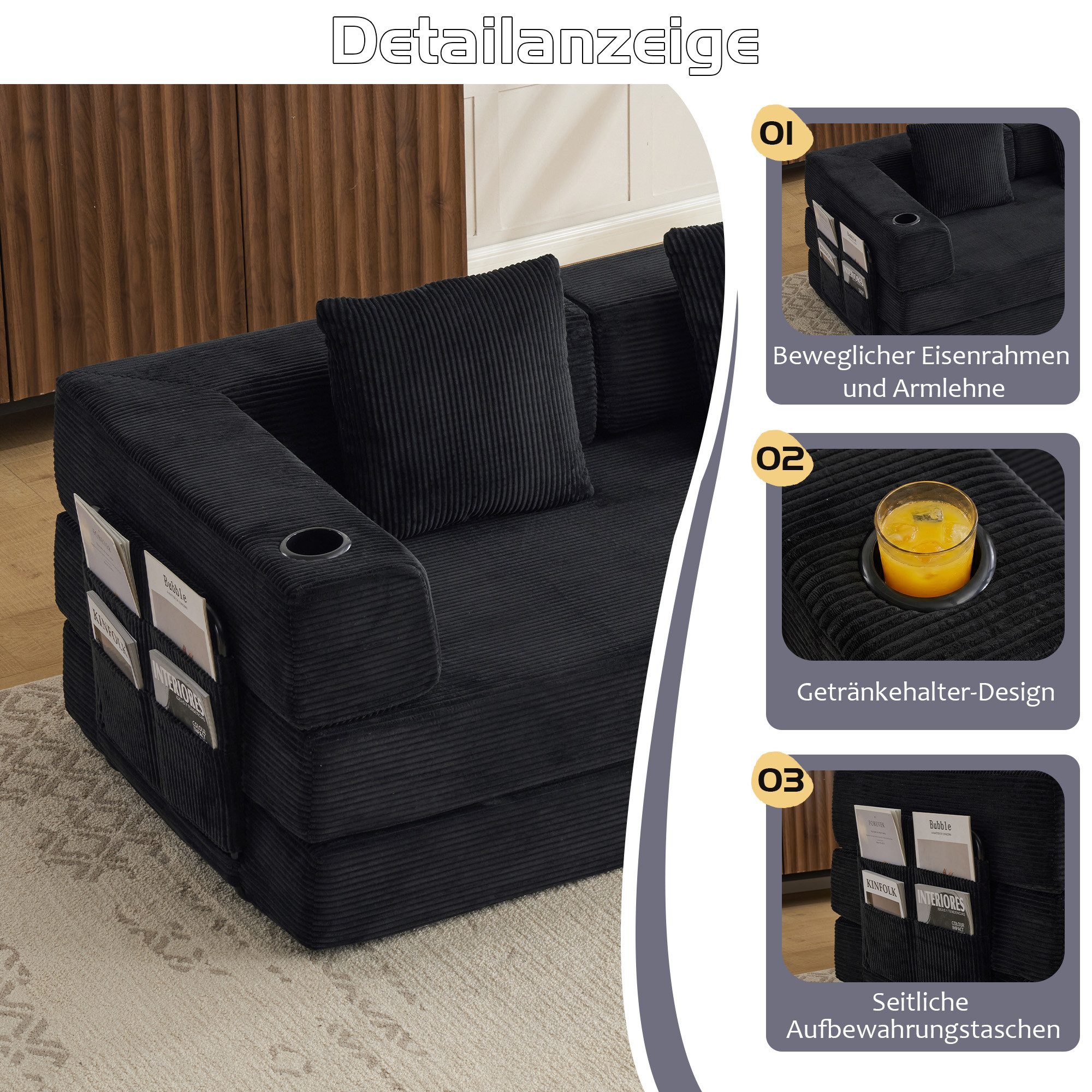 Vankel Loungebett Sofas Wohnzimmer, Sofa mit Schlaffunktion aus Cord mit Cupholder, Faltbares Schlafsofa mit Seitentaschen, Cupholdern und ohne Montage