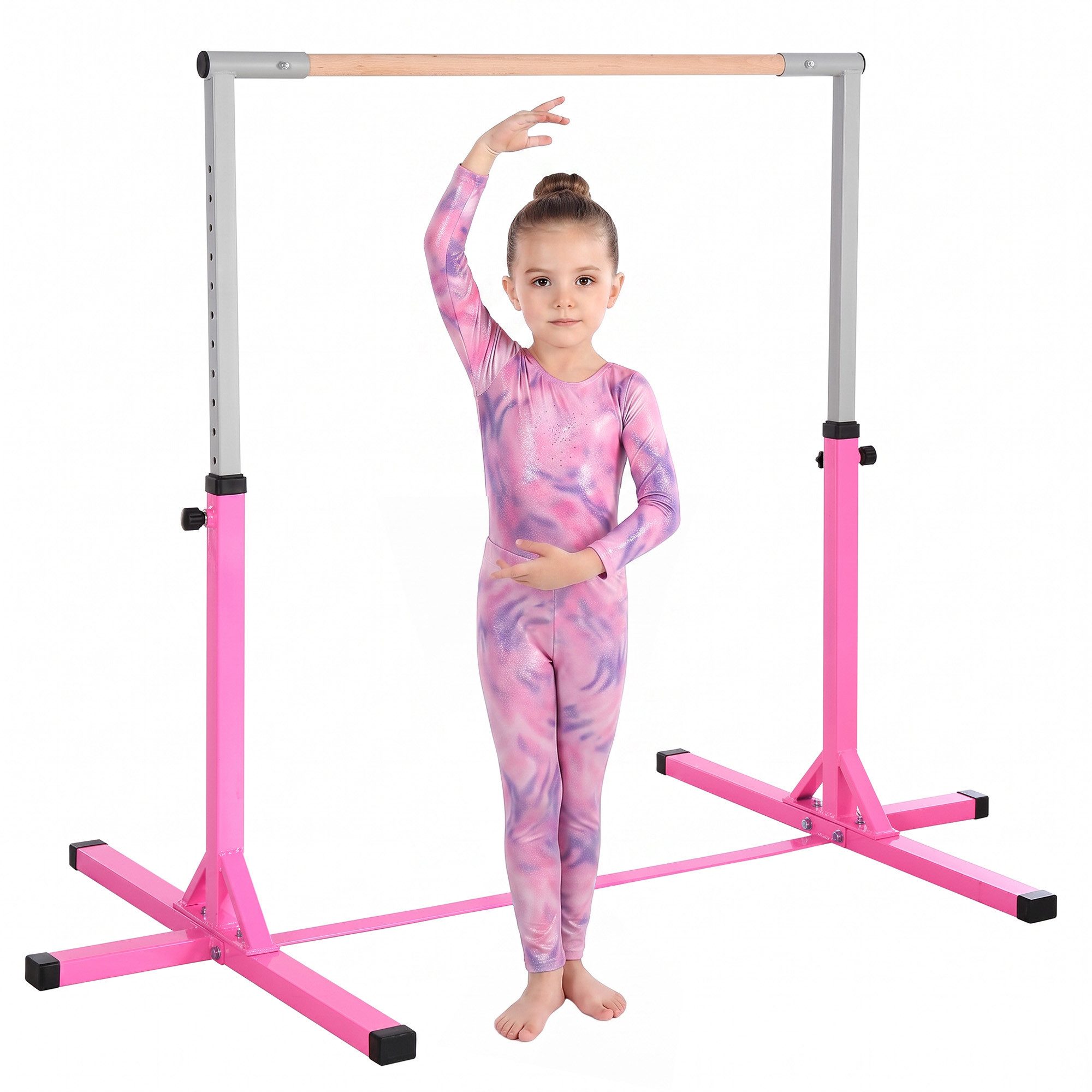 HOMCOM Turnreck Gymnastikstange höhenverstellbar Stahlkonstruktion bis 75 kg, (höhenverstellbar Turnstangen, 1-St., Trainingsgeräte Stahl), Buchenholz Rosa
