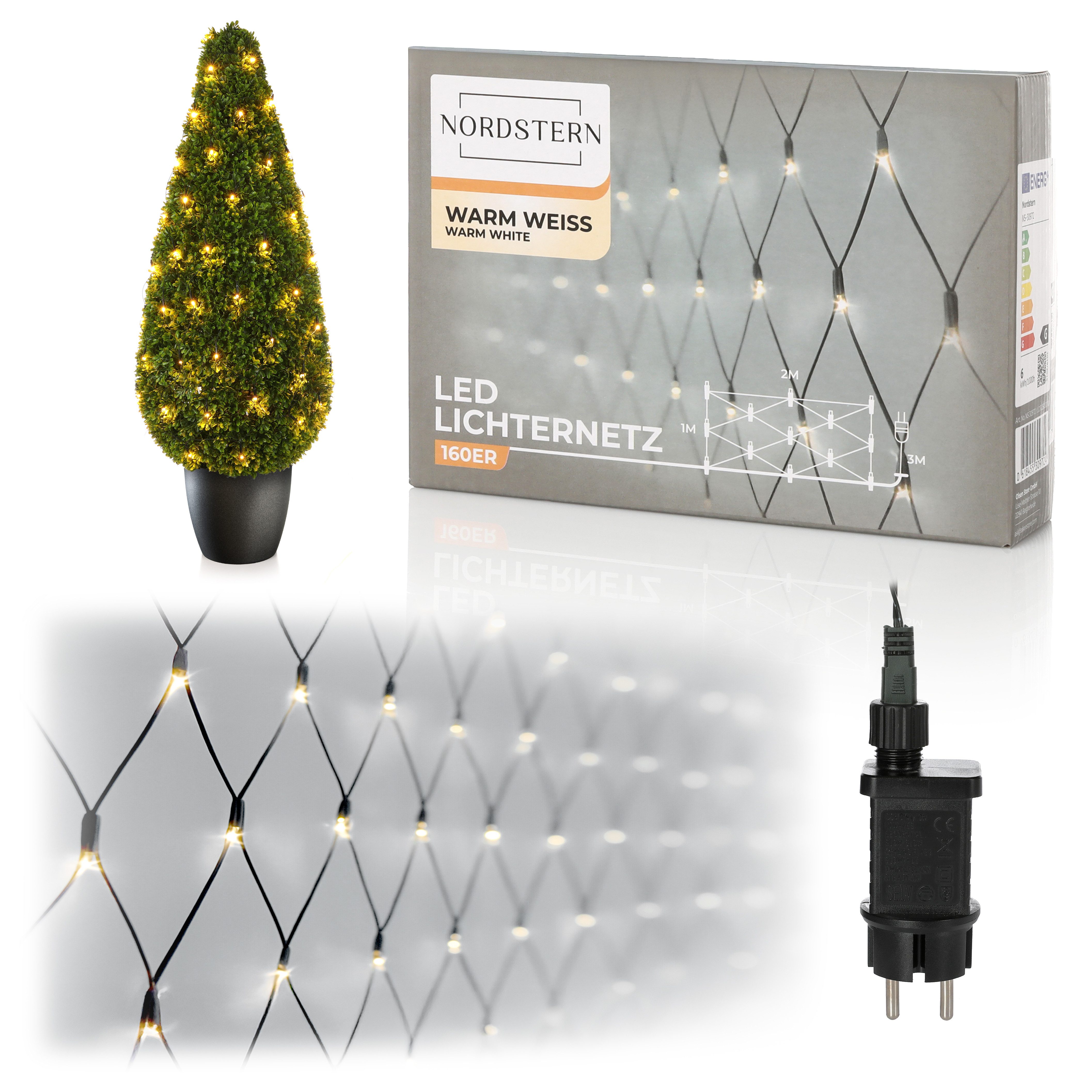Nordstern LED-Lichterkette WarmWeiß von 24 bis 1.200 LED Weihnachtsdeko für Innen und Außen, Lichternetz mit Stecker 160 LED - 2x1 m für Weihnachtsbaum / Sträucher