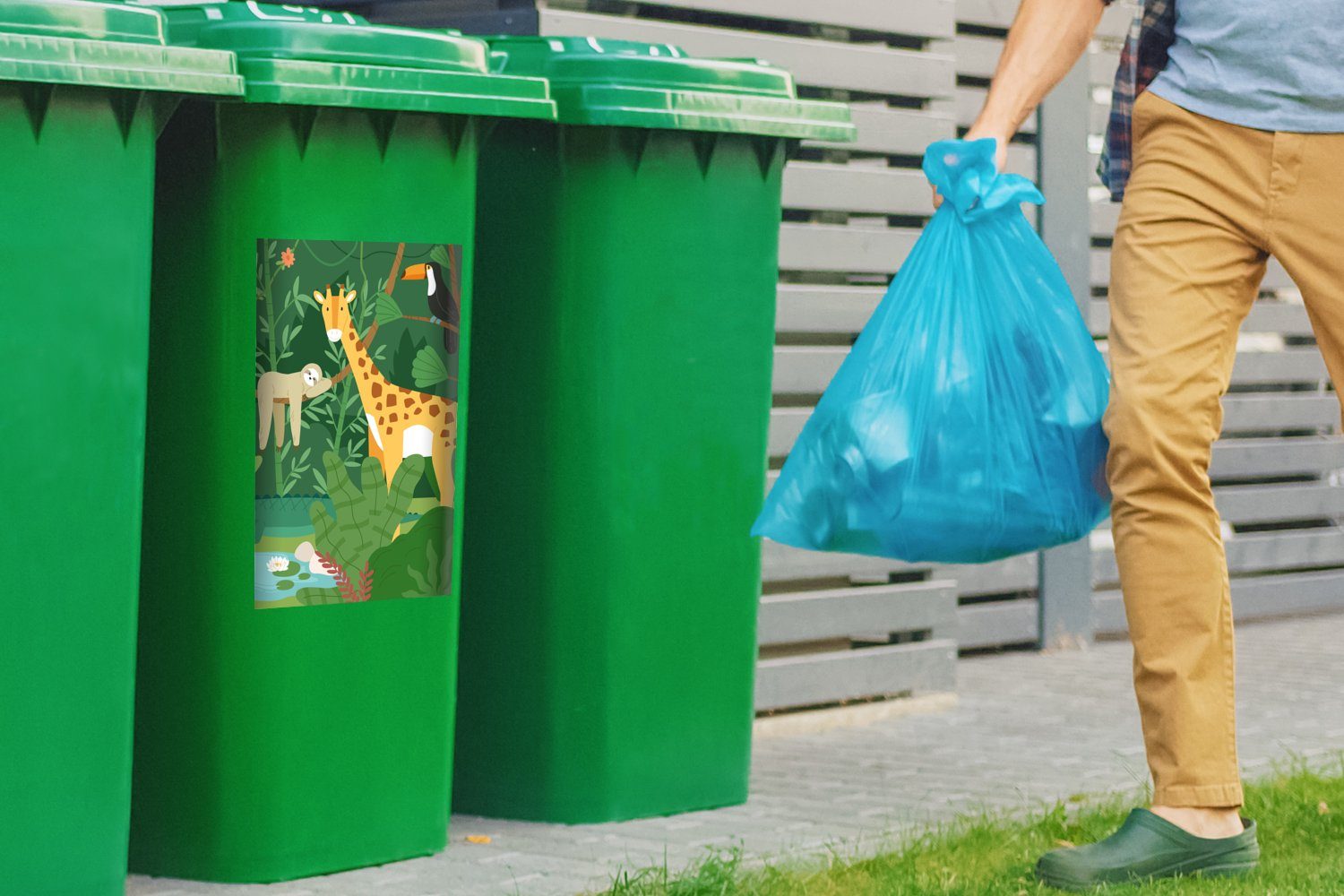 (1 Mülltonne, Container, Giraffe Tukan - Abfalbehälter St), Faultier MuchoWow Dschungel Mülleimer-aufkleber, - - Sticker, Wandsticker