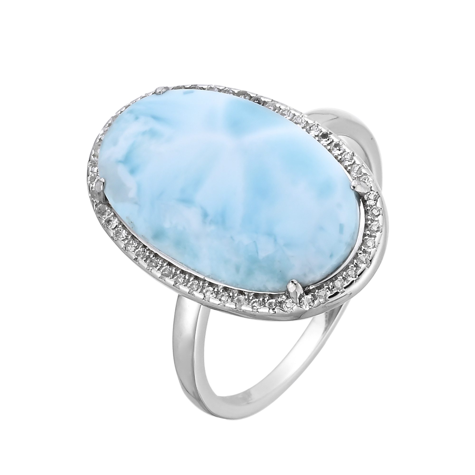 Cavill Silberring Cavill Larimar Ring 6,39 ct Oval Cabochon, 48 weiße Topase, Silber 925 (1-tlg)