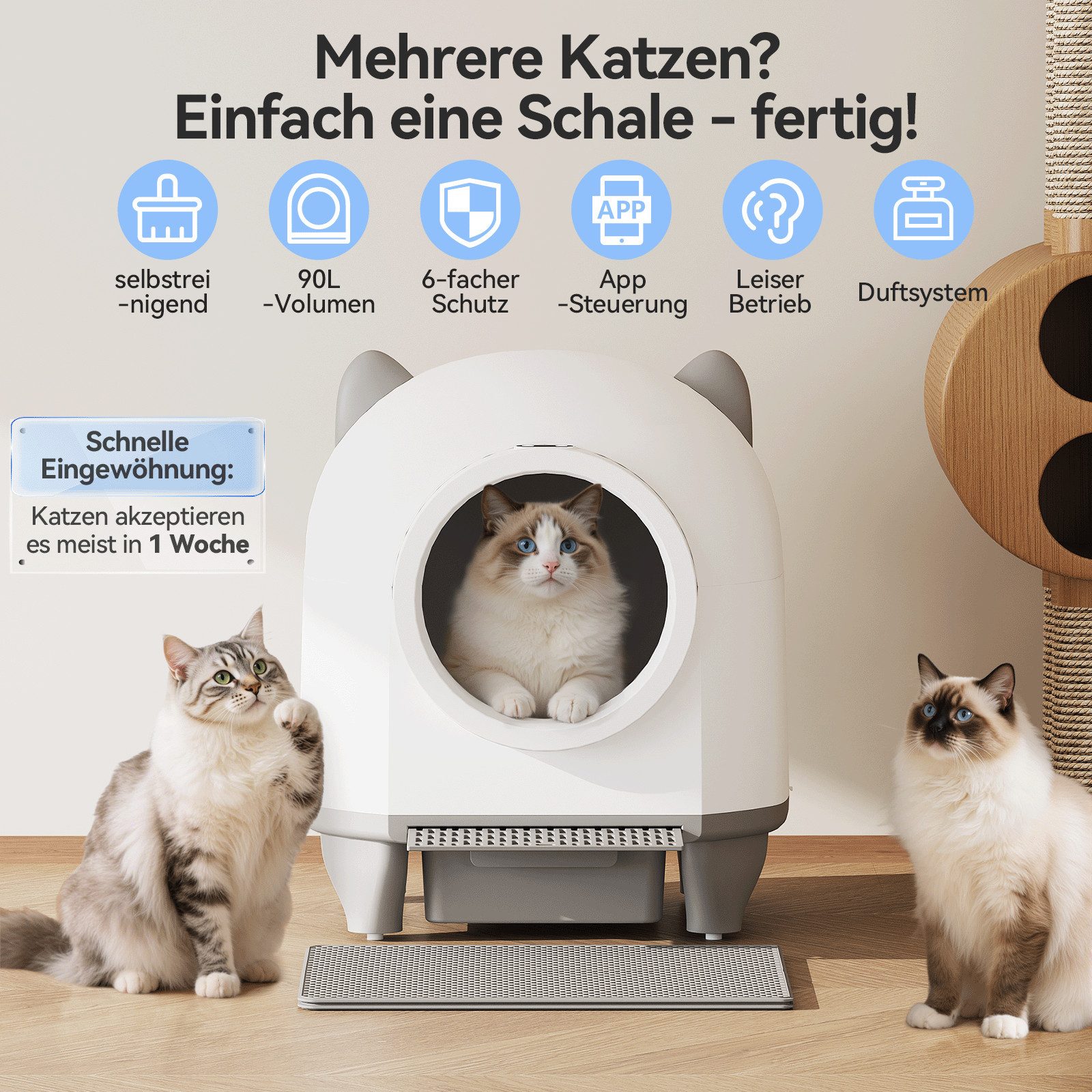 HOMALL Katzentoilette XXXL katzenklo selbstreinigend für grossen katzen,Sicherheitsschutz x7, mit Aromabox, Matte, leiser Betrieb & Nachtmodus – für Mehrkatzen
