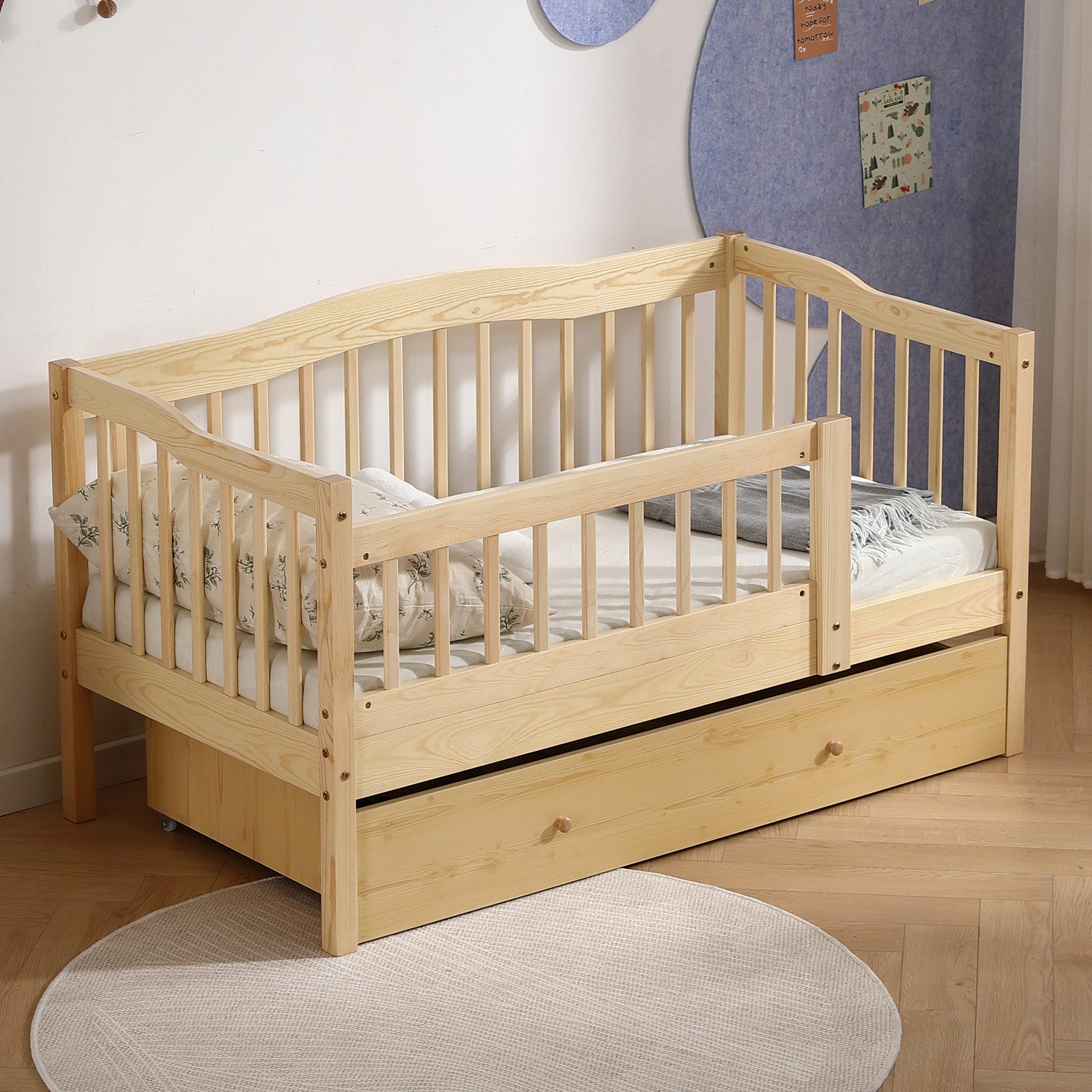 LEADZM Kinderbett mit Schubladen 70x140 / 80x160 / 90x200cm, Hausbett mit Lattenrost, Bodenbett mit Stauraum und Abnehmbarer Barriere, Naturbelassen