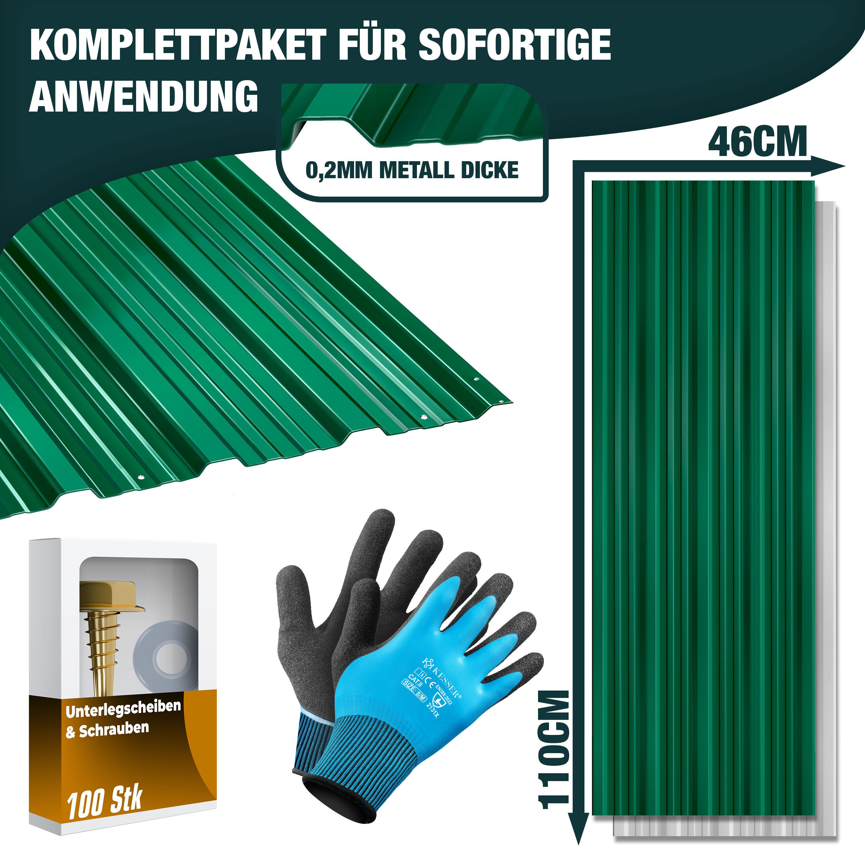 KESSER Trapezblech 14x Profilblech 110cm x 46cm = 7 m², Metall, (14er Set Dachbleche für Gerätehaus inklusive Montagehandschuhe) Dachplatten aus verzinktem Stahl 0,25mm