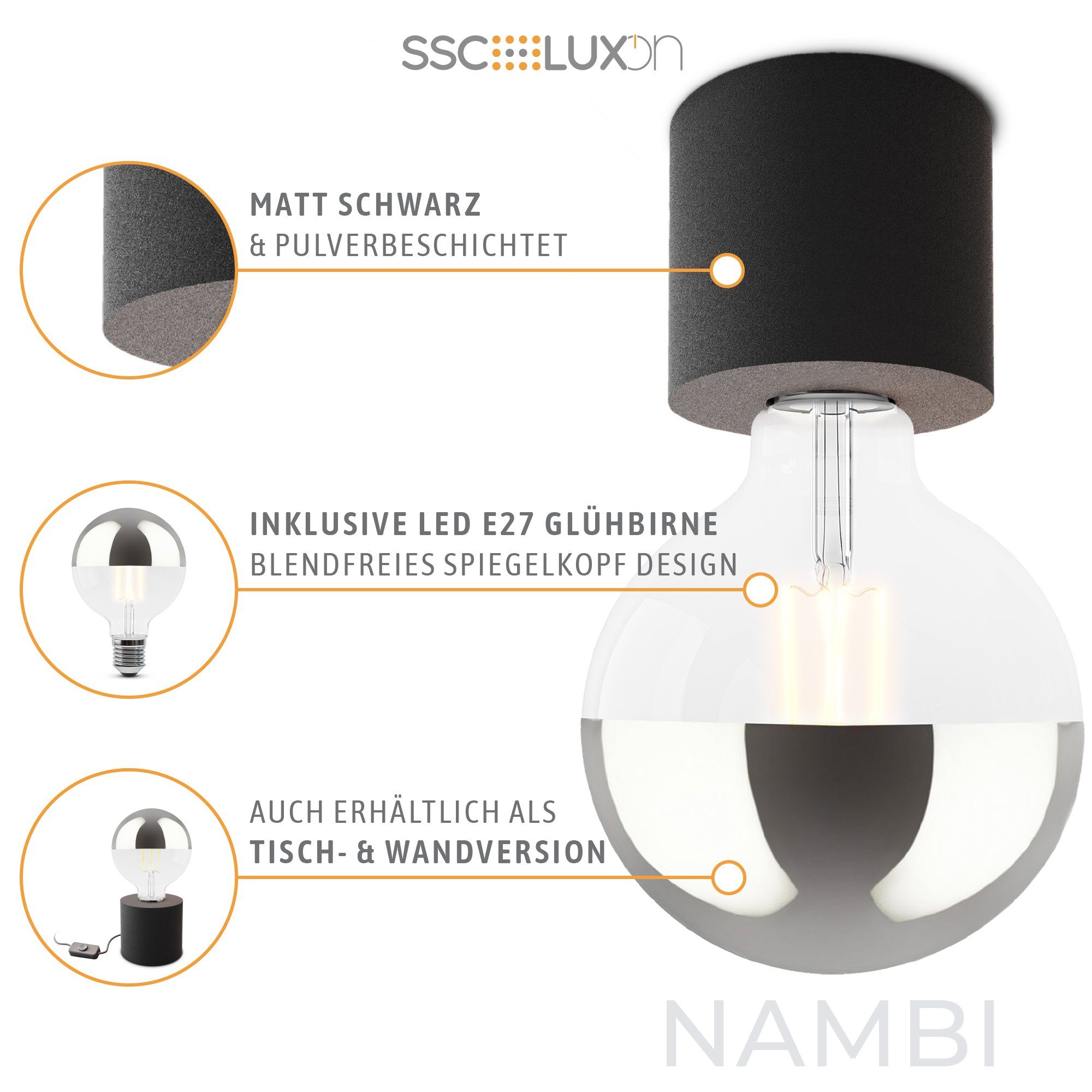 Warmweiß LED XL, Aufbauleuchte Globe schwarz Birne Kopfspiegel SSC-LUXon E27 Deckenlampe mit NAMBI