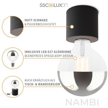 SSC-LUXon Aufbauleuchte NAMBI Deckenlampe schwarz mit LED Kopfspiegel Birne E27 Globe XL, Warmweiß