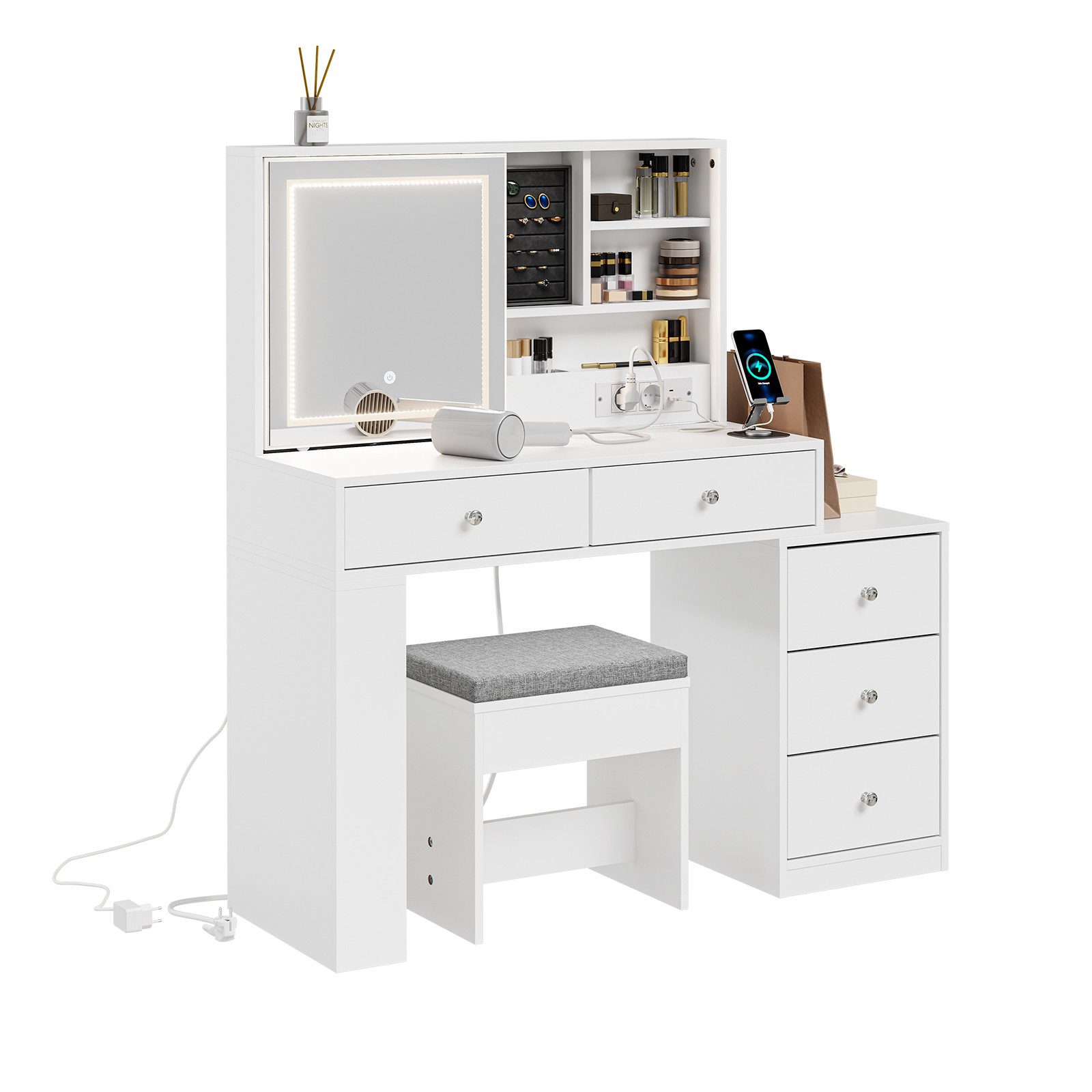 SoBuy Schminktisch FWT114-E, Kosmetiktisch mit LED-Beleuchtung, Ladestation und Hocker (1 Tisch mit 1 Hocker), Schminktisch mit Schiebespiegel, 3 einstellbaren Lichtfarben