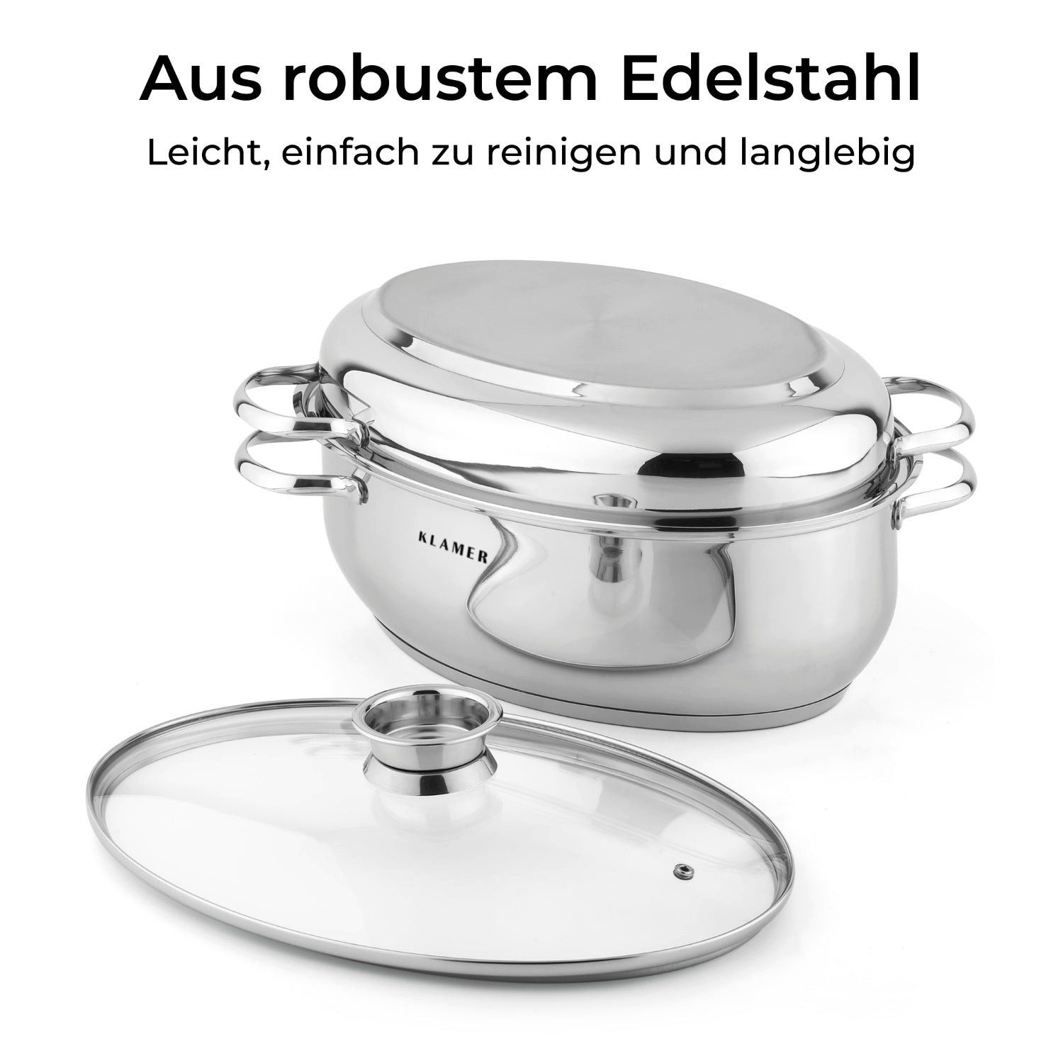 KLAMER Bräter 38 cm, backofengeeignet, 8,5L XXL Bräter mit Deckel, mit 4L Deckelpfa…, Edelstahl, Energiesparend, Güteglasdeckel, tropffrei abgießen