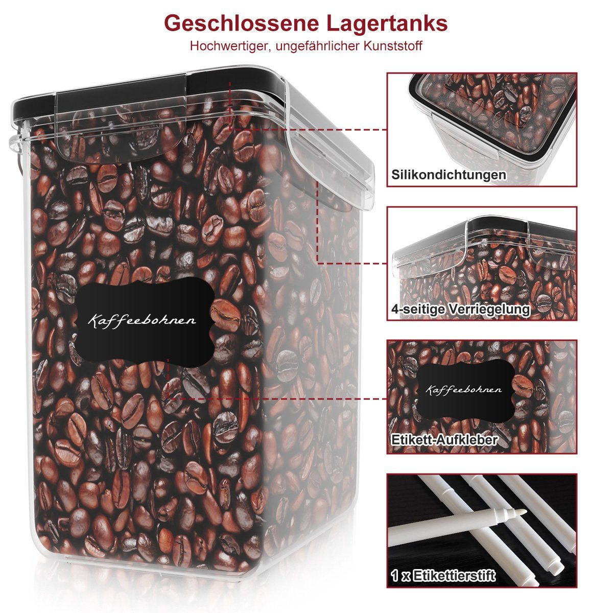 Simloveve Vorratsdose Vorratsdosen mit Deckel Luftdicht, BPA-frei Organizer Küche, Polyprophylen (PP), (22-tlg., Set inkl. Etiketten), Aufbewahrungsbox Küche 0,8/1,4/2,0/2,8L, für Mehl, Müsli, Zucker