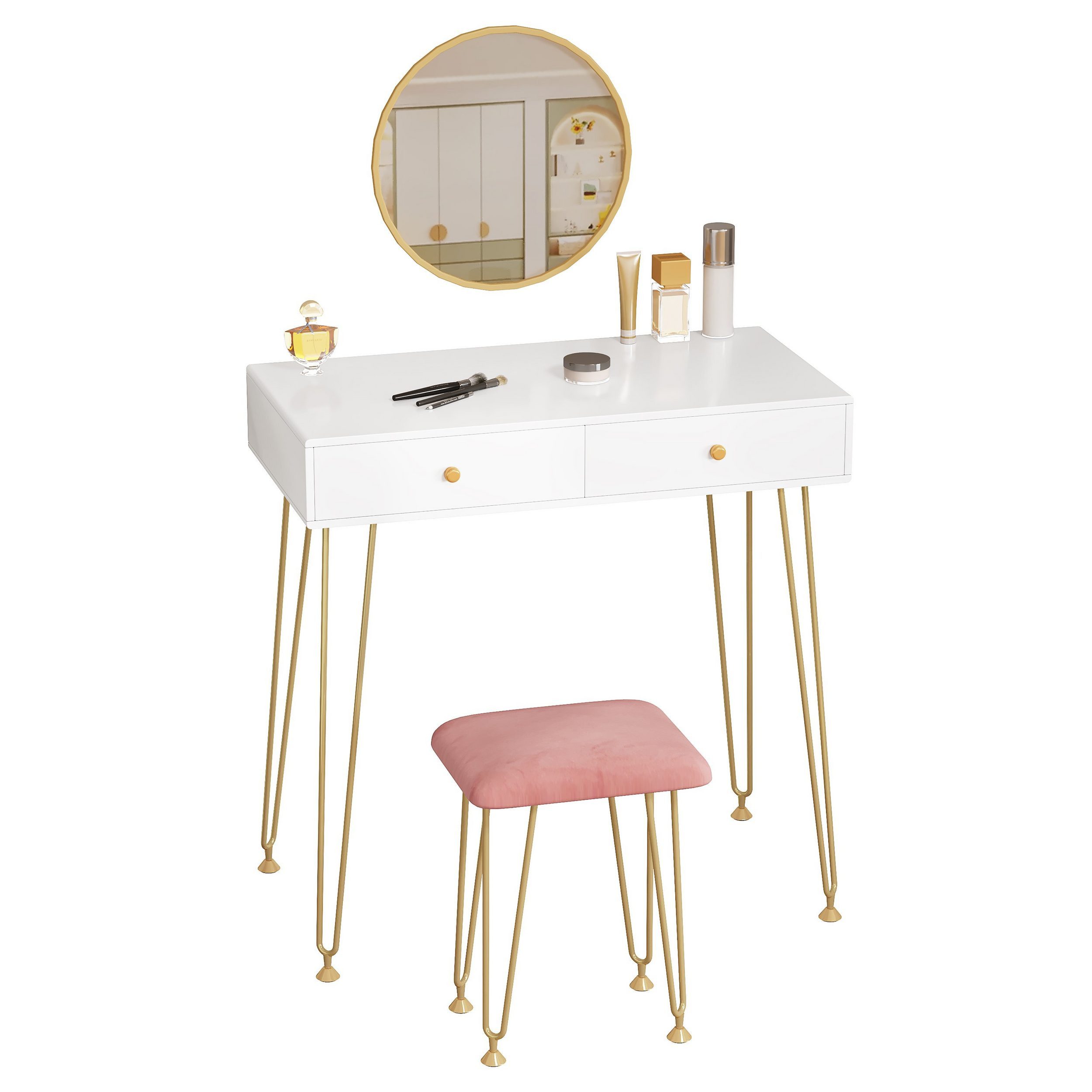 Woltu Schminktisch (1-St), mit Spiegel,Kosmetiktisch mit Hocker, Weiß-Golden
