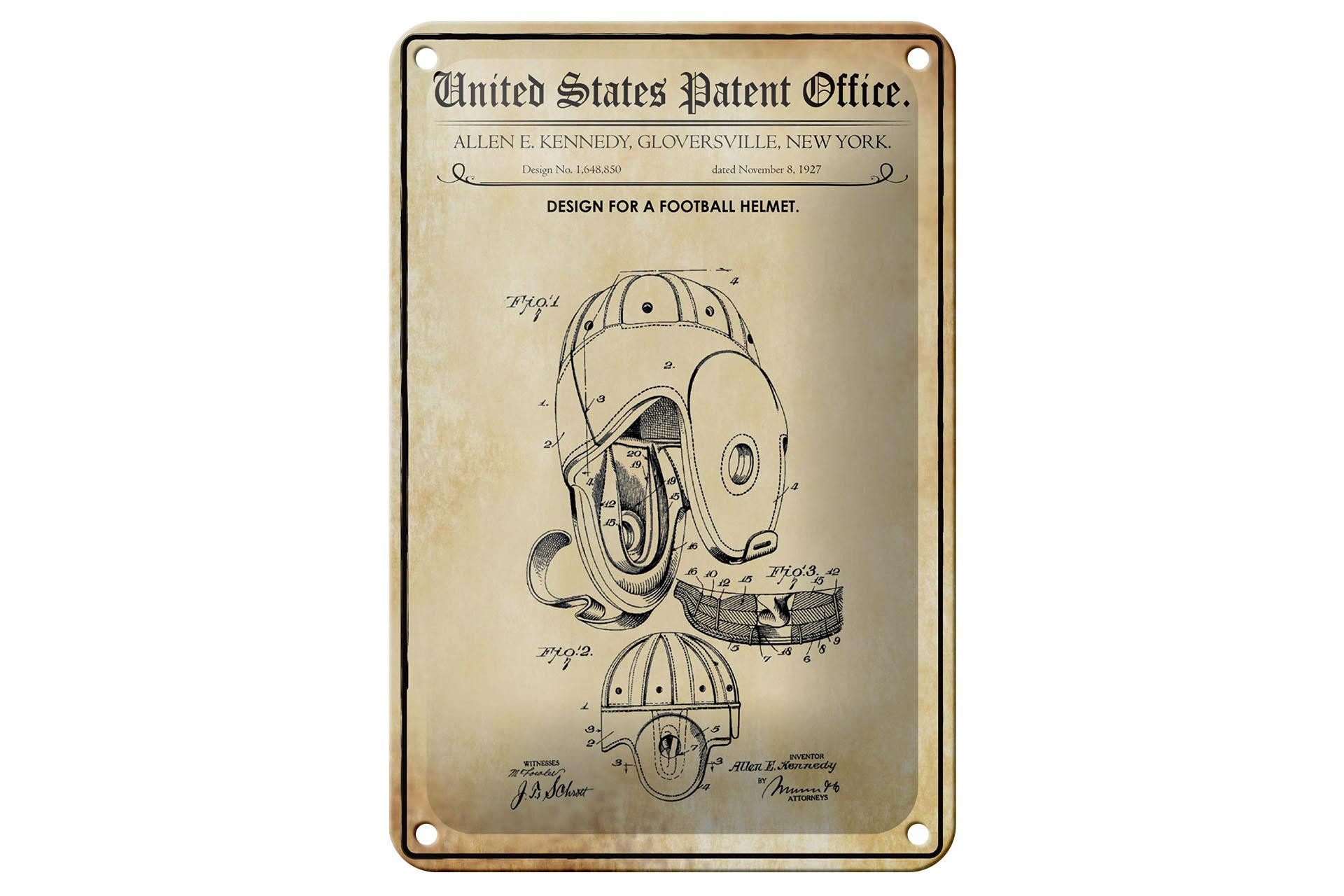 Femer GmbH Metallschild Patent 12x18 cm Entwurf für einen Football-Helm, (1 St), gewölbte Oberfläche, abgerundete Ecken, umgeschlagene Kanten