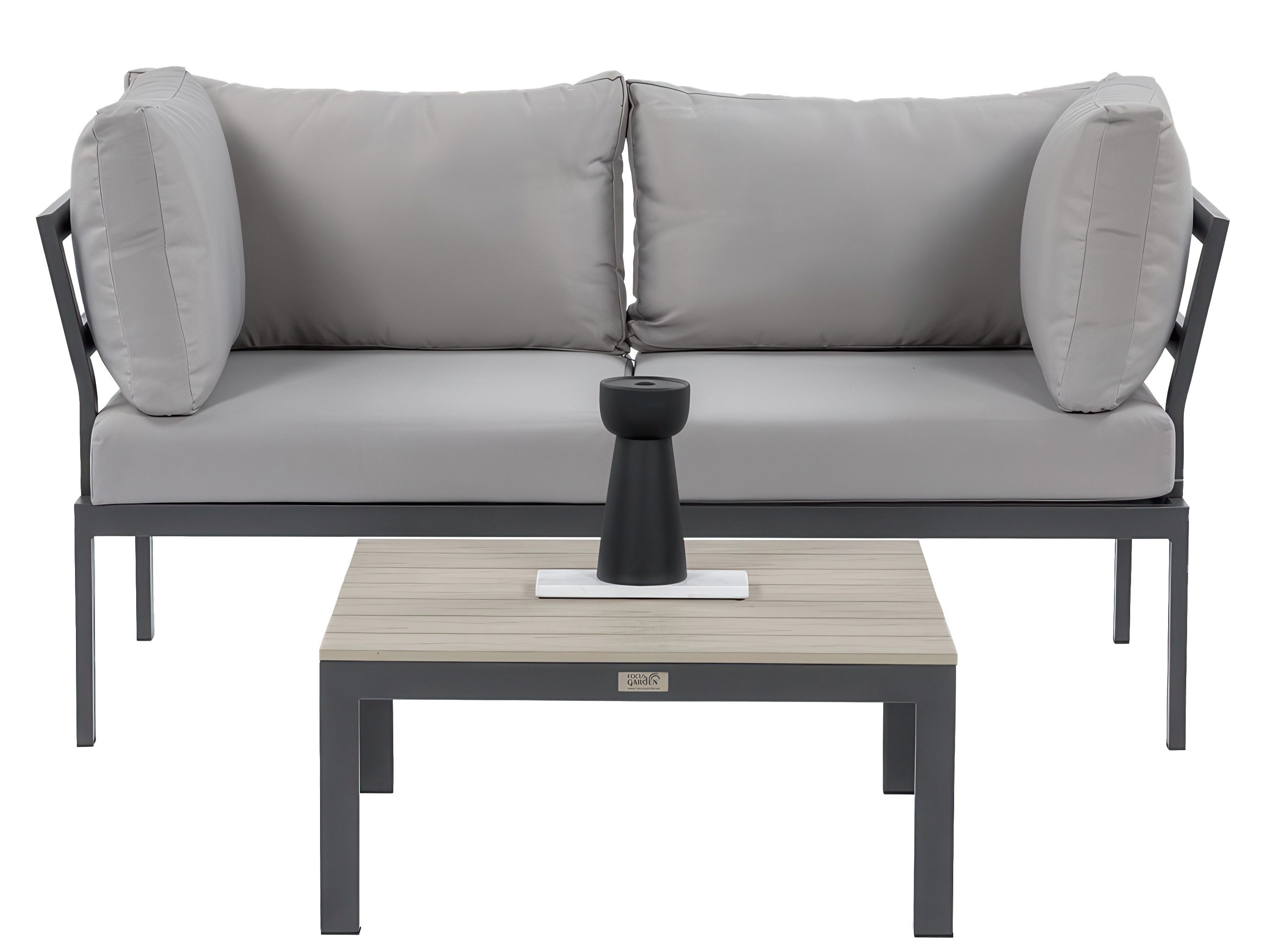 Beautysofa Gartenlounge-Set SANTORINI Hellgrau, modulares Ecksofa mit Couchtisch, (verzinkter Stahl pulverbeschichtet, 7 Kissen, 2-tlg., Sofa + quadratischer Tisch), skandinavischer Stil, kompakte Outdoor Lounge für Garten