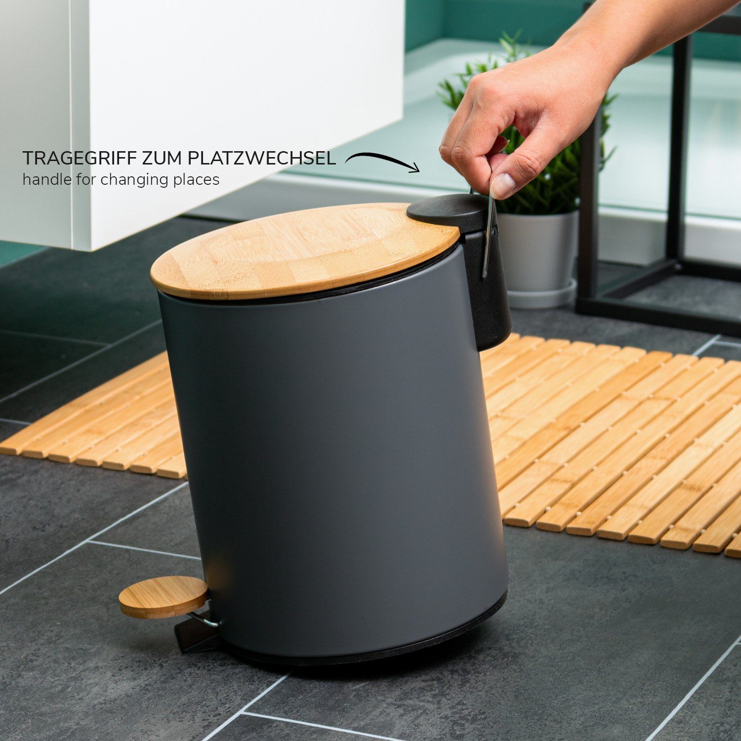 bremermann Kosmetikeimer Mülleimer mit Bambus-Deckel, Bad-Abfalleimer mit Soft-Close 5 l, grau