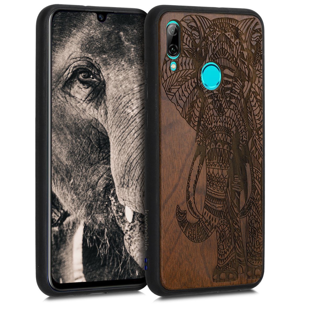 kwmobile Handyhülle, Holz Schutzhülle für Huawei P Smart (2019) - Hardcase  Hülle mit TPU Bumper im Elefantenmuster Design - Handy Case Cover