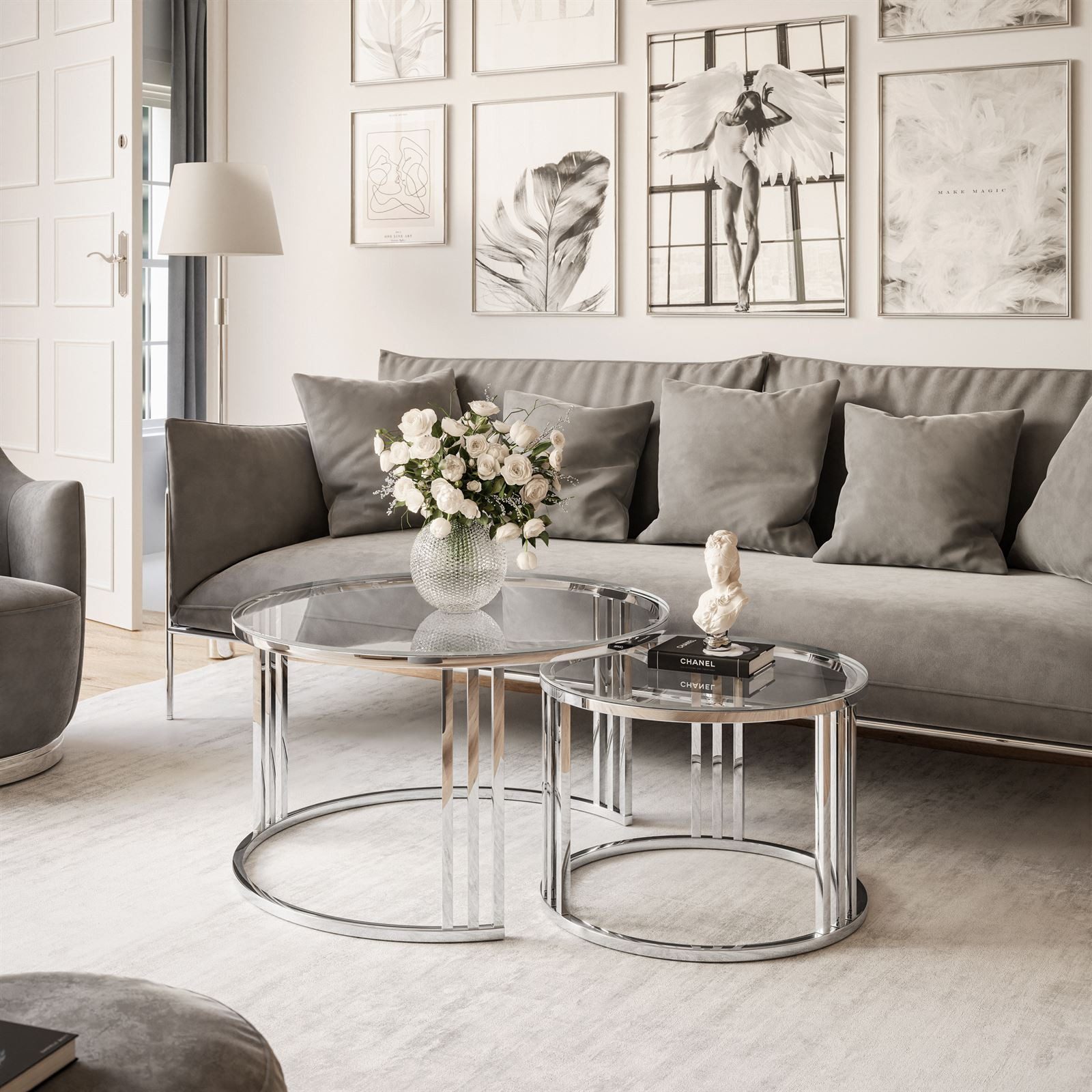 Lookway Couchtisch LORI 2in1 GLASS runder Couchtisch mit silber chrom Geste günstig online kaufen