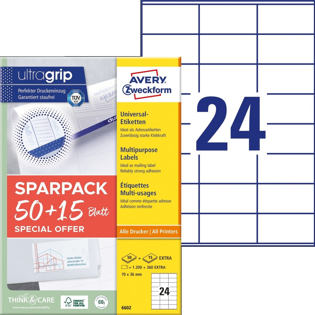 Etiketten Universal-Etiketten ultragrip 70x36 mm VE=1560 Etiketten / 65 Bogen we