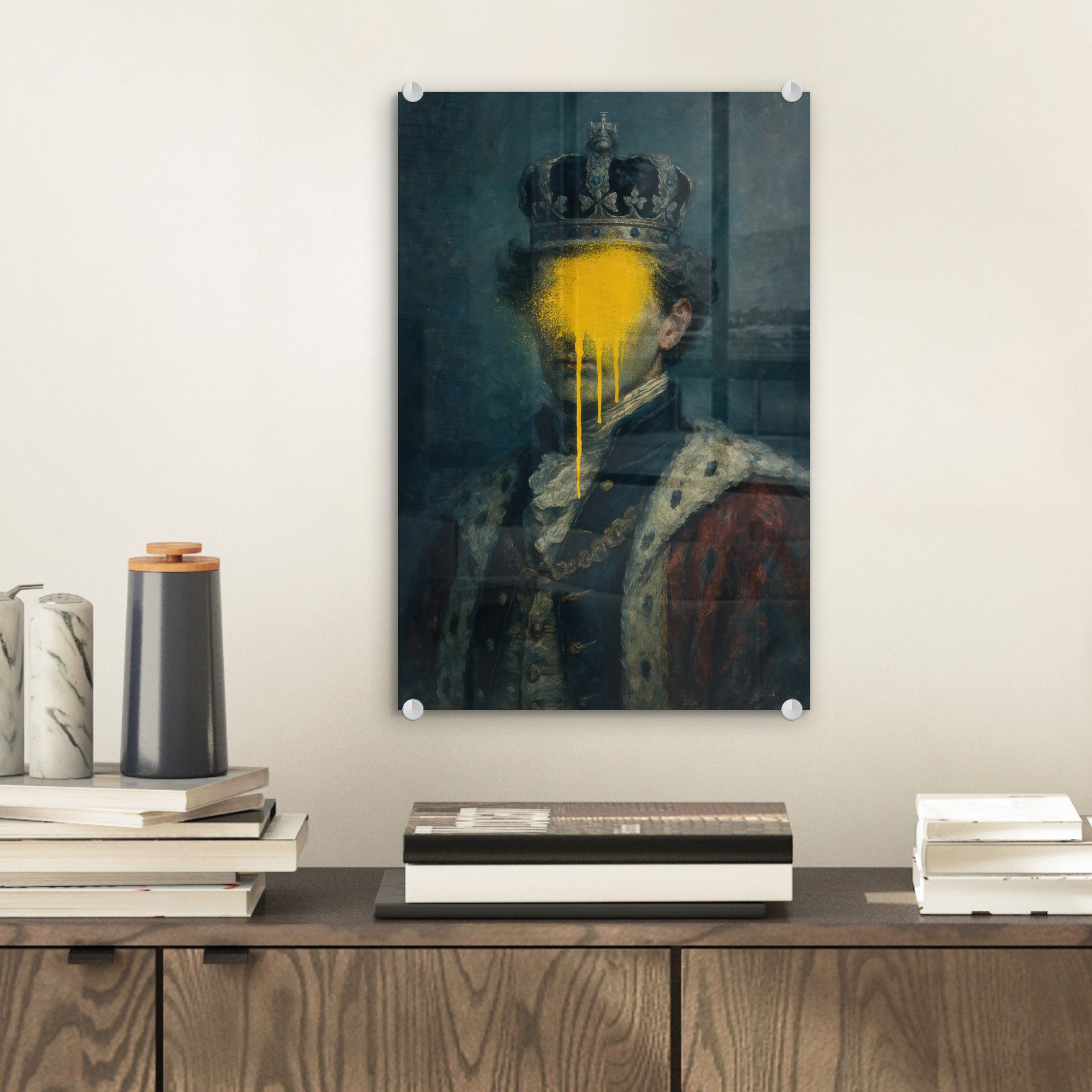 MuchoWow Acrylglasbild König - Porträt - Tropfende gelbe Farbe, Inkl. Aufhä günstig online kaufen