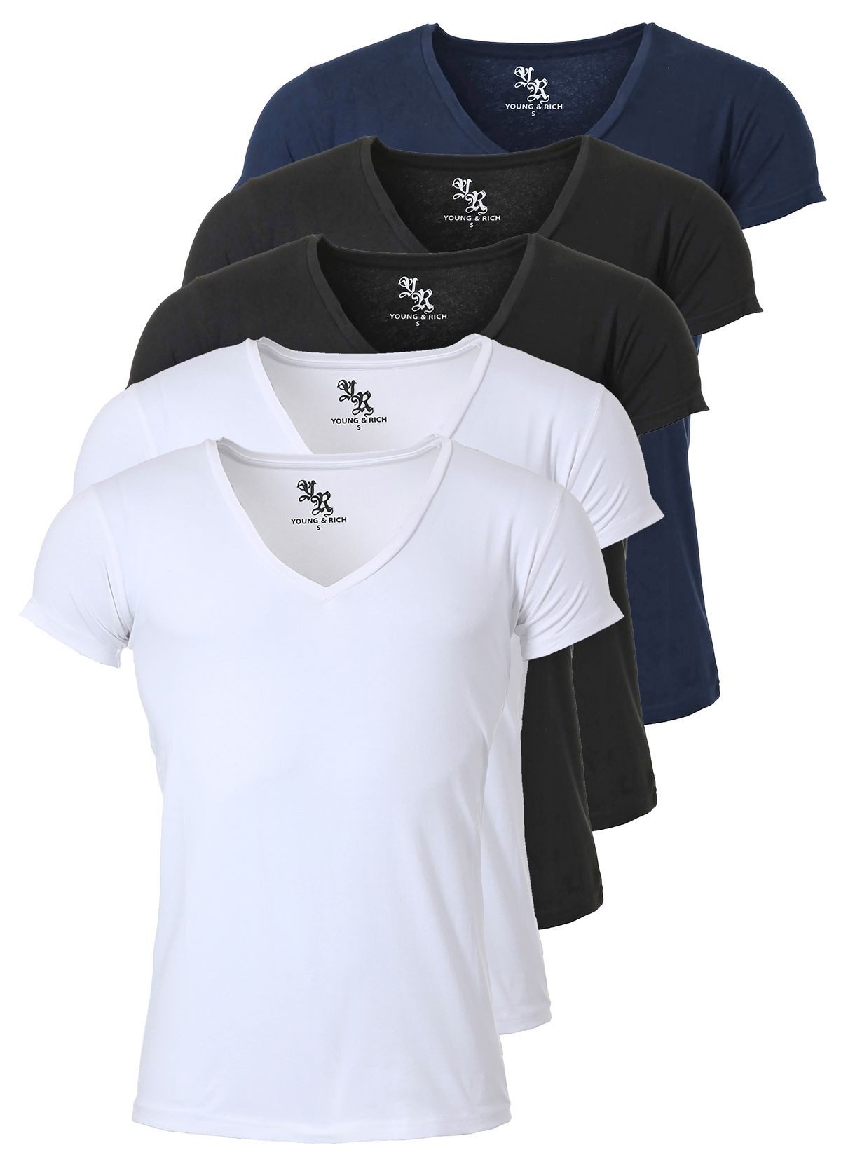 Young & Rich T-Shirt Herren Uni Basic 1315 extra tiefer Ausschnitt 5er Pack (5er-Pack, 5-tlg., 5er-Pack) V-Ausschnitt unifarben kurzarm slim fit