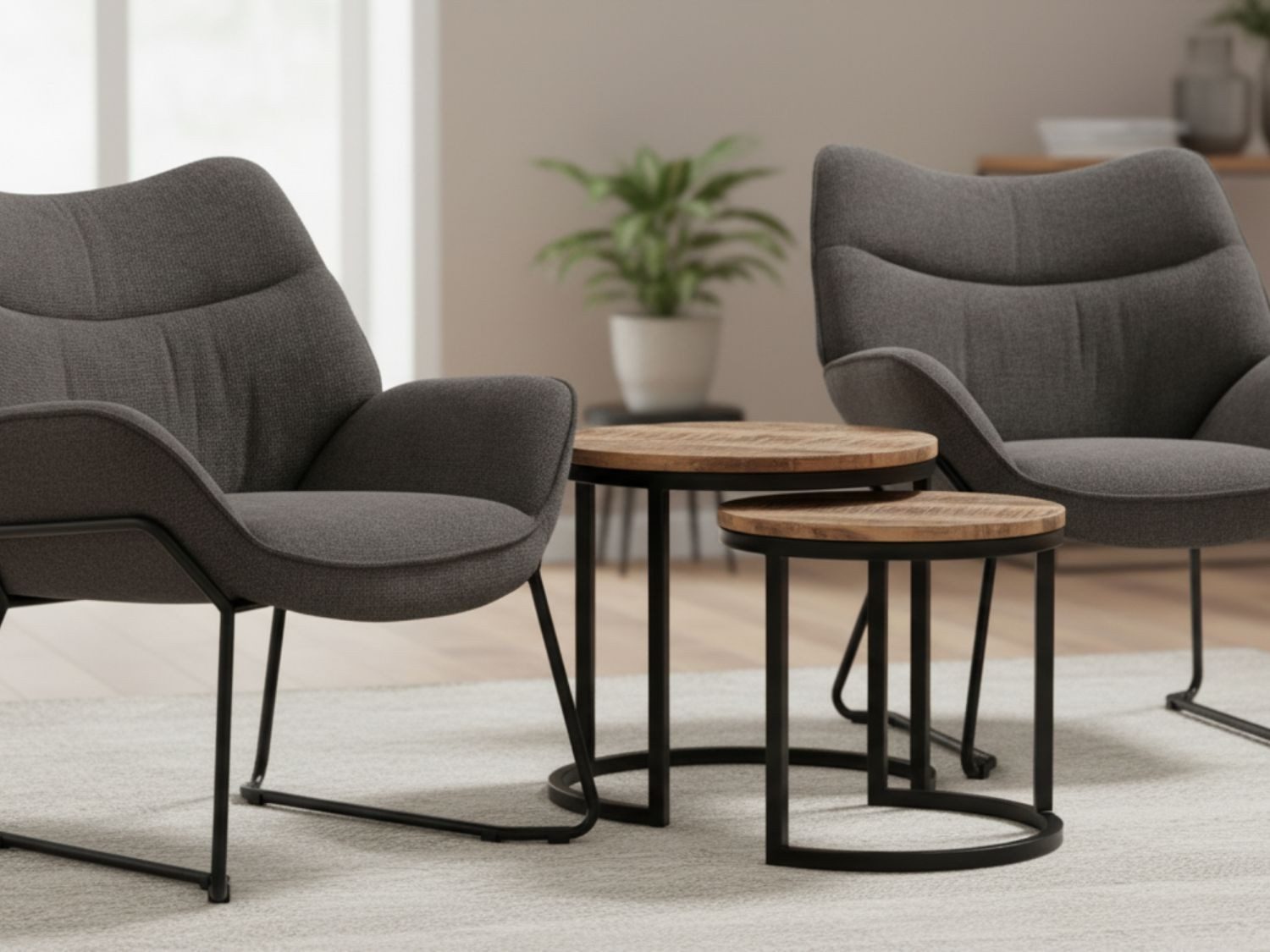 bene living Loungeset Möbelset Couchtisch Fermo, 2er Set Sessel Aliano dunkelgrau, (4-tlg), Arm- und Rückenlehne - feines Mangoholz - Metall-Gestell