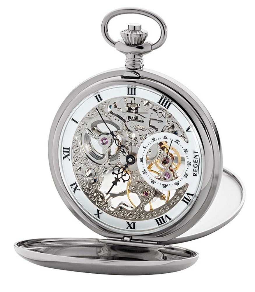 Regent Taschenuhr Uhrwerk GM-2210 silber Savonette, skelettiert