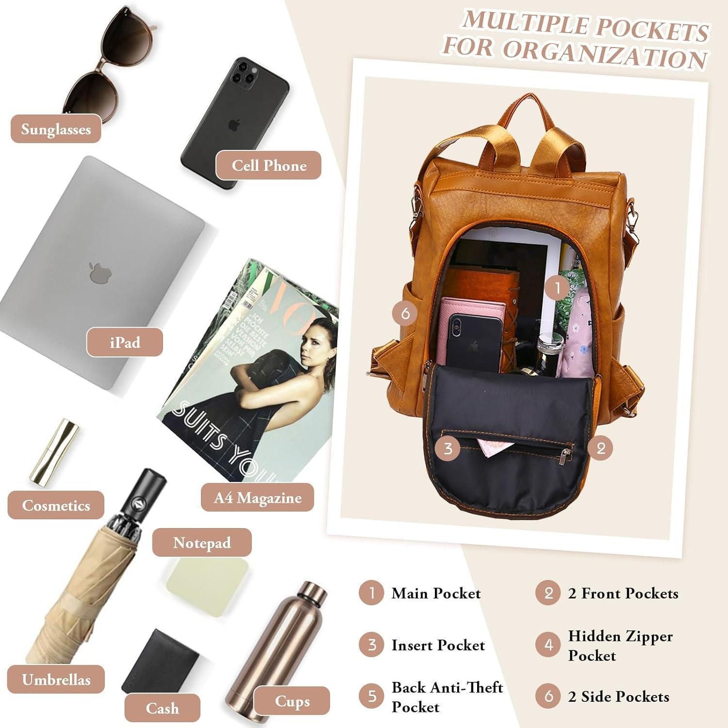 LuxusKollektion Freizeitrucksack Rucksack Damen wasserdicht diebstahlsicher PU Leder Gelb-braun