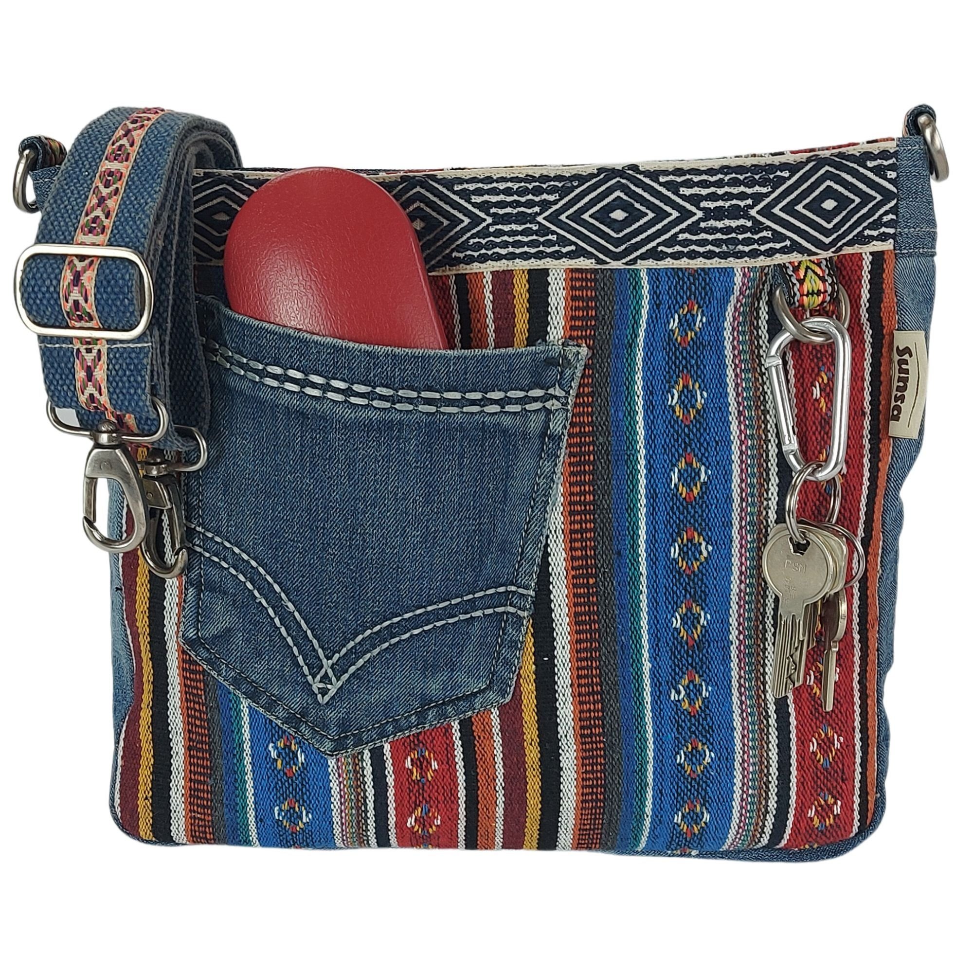 Schultertasche, Nachhaltige mit Sunsa Jeans, abnehmbaren rot/blau Material recyceltes Umhängetasche streifen Schulterriemen, enthält aus Damen recycelte Umhängetasche