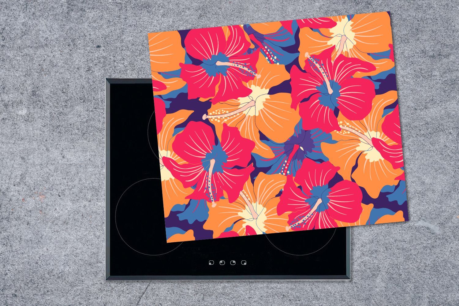 60x52 - tlg), (1 - cm, Sommer Vinyl, Herdblende-/Abdeckplatte nutzbar, Hawaii Mobile Blumen Ceranfeldabdeckung MuchoWow Arbeitsfläche Muster, -