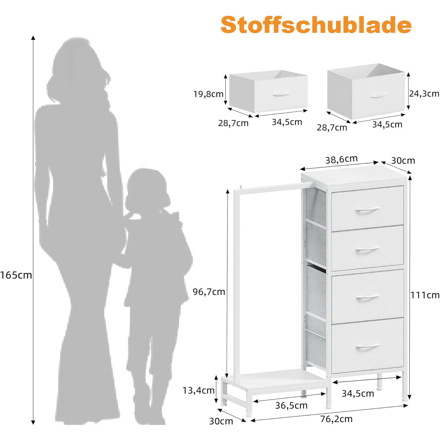 OYRREU Kinderkleiderschrank Kommode mit Kleiderstange & Schuhregal, platzsparend (Aufbewahrungsschrank-Set 1-St., mit 4 Stoffschubladen, Schuhablage) 3-in-1 Organizer Schlafzimmer Garderober