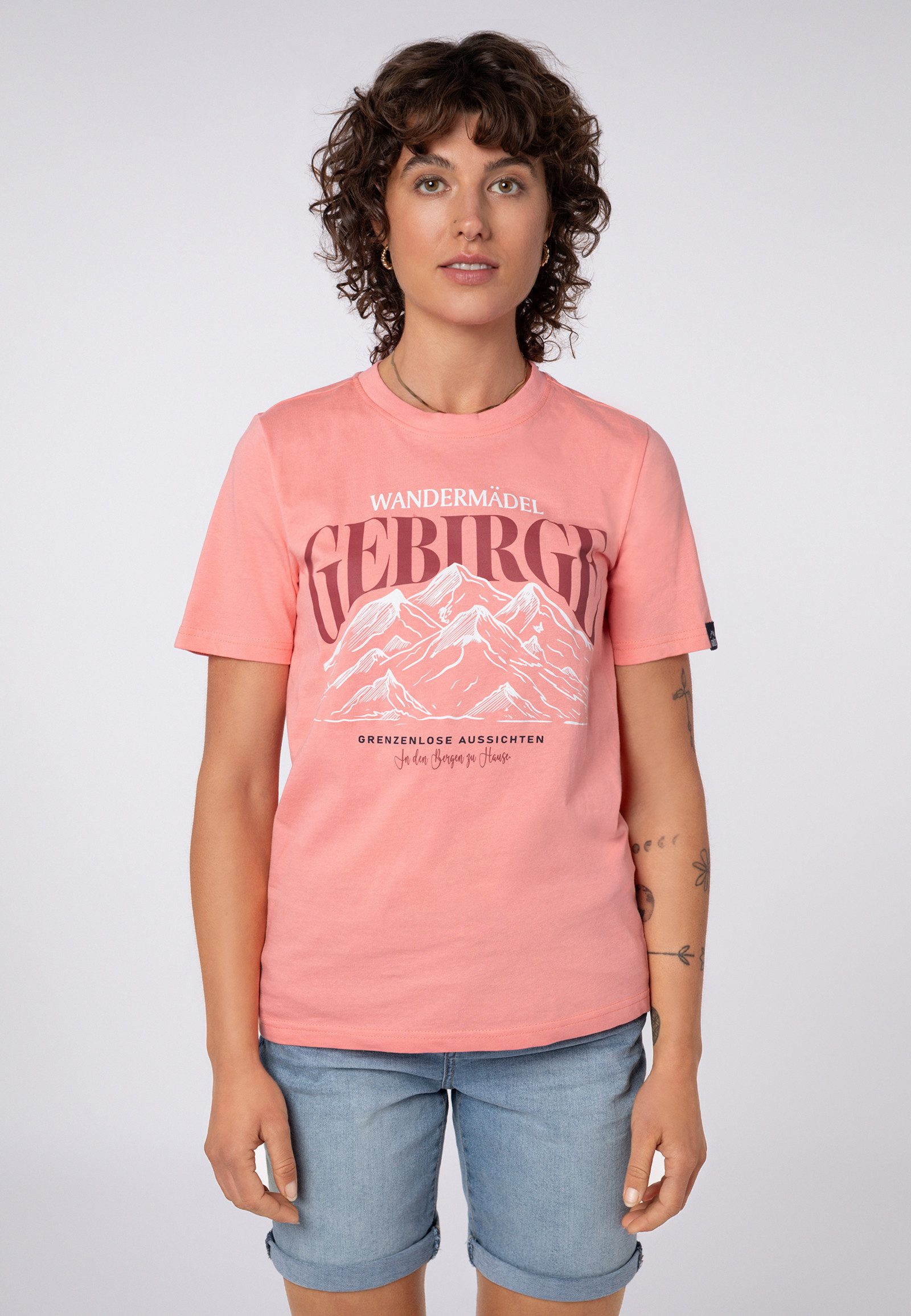 SUBLEVEL T-Shirt Damen Rundhalsshirt mit Bergprint Baumwollshirt mit Bergpanorama und Wander-Statements