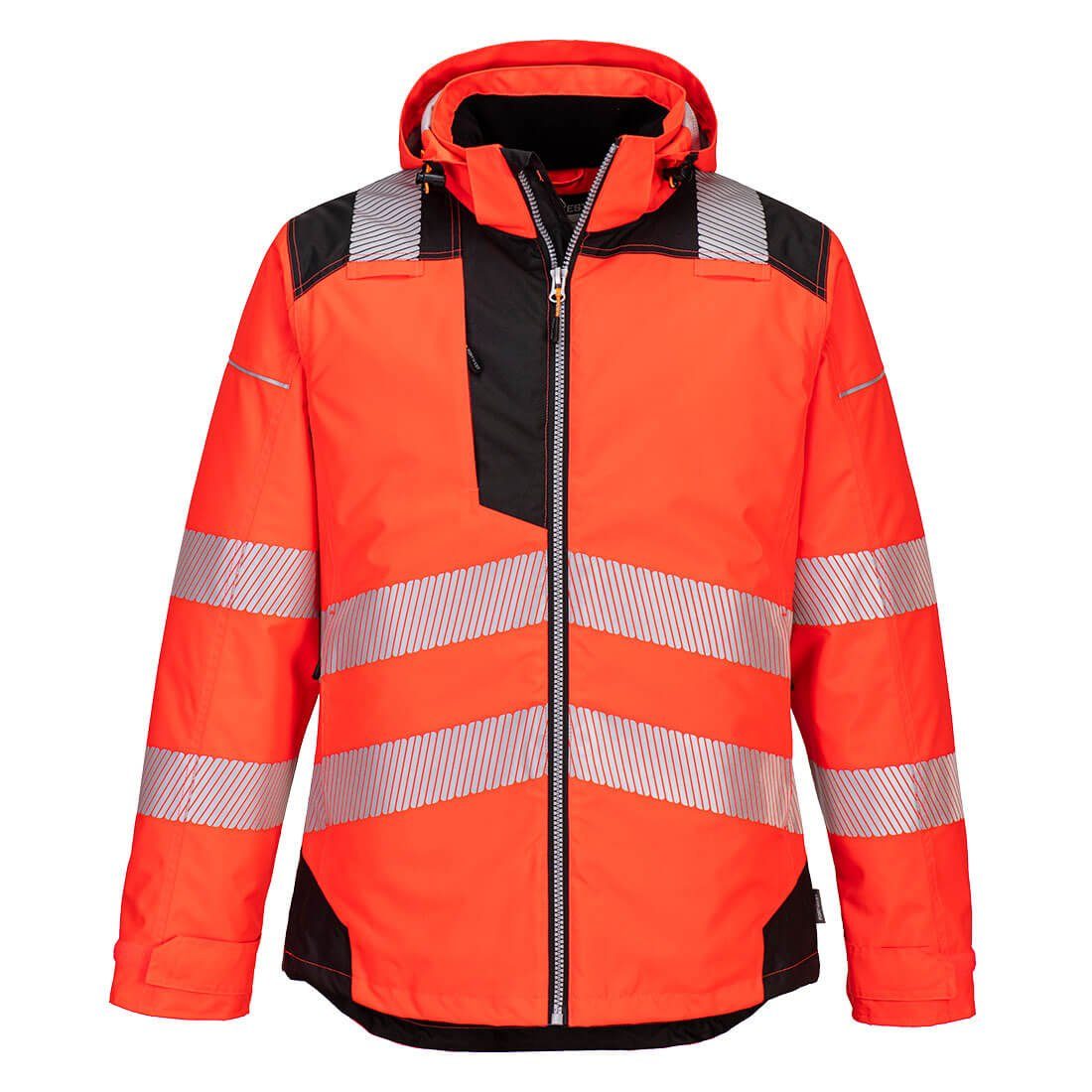 Portwest Arbeitsjacke T400 - PW3 Warnschutz-Regenjacke mit Kapuze Rot / Schwarz