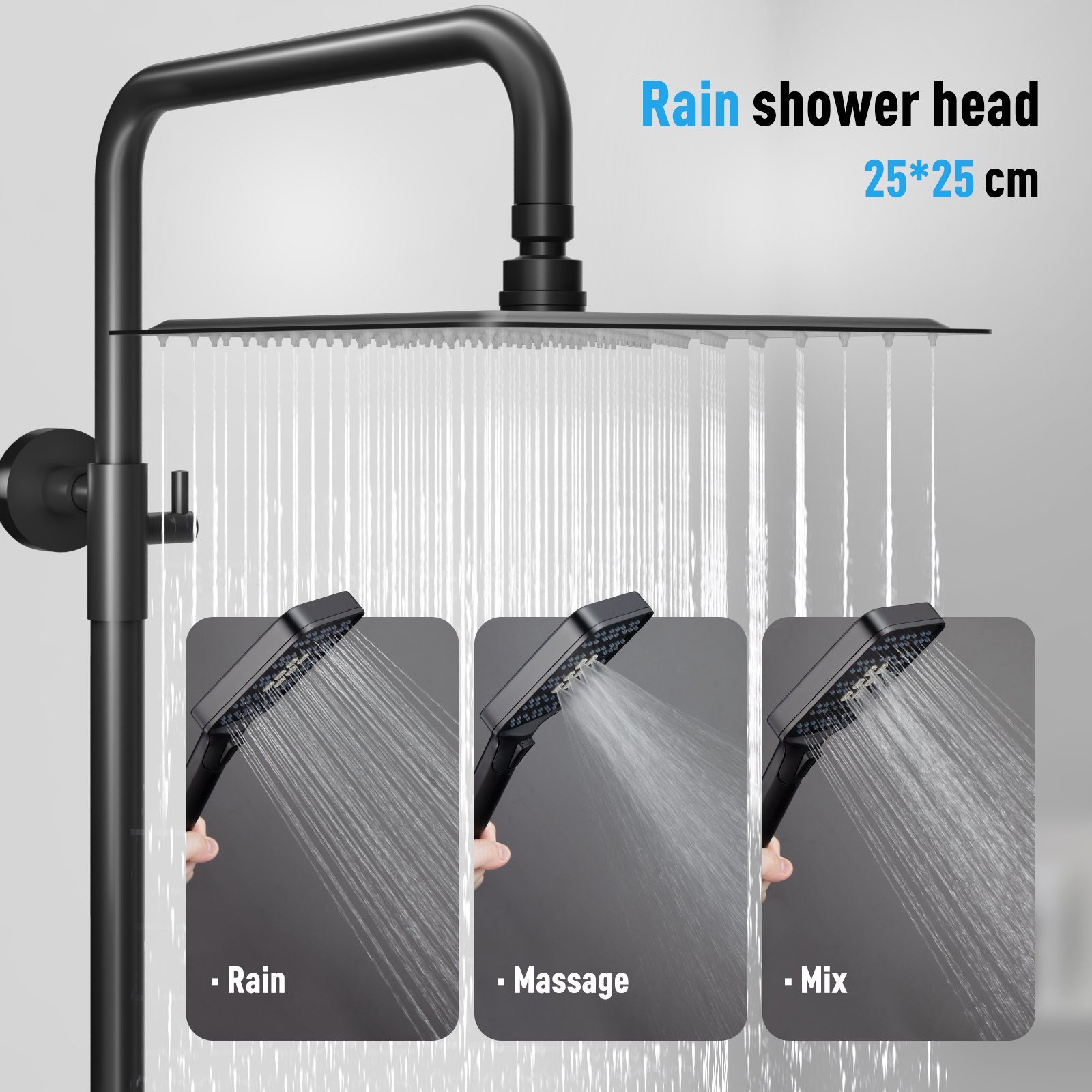 Rainsworth Duschsystem mit Thermostat, 3 Strahlart(en), komplett-set, 92-126 cm Duschstangen Edelstahl Duschamaturenset Wassersparend