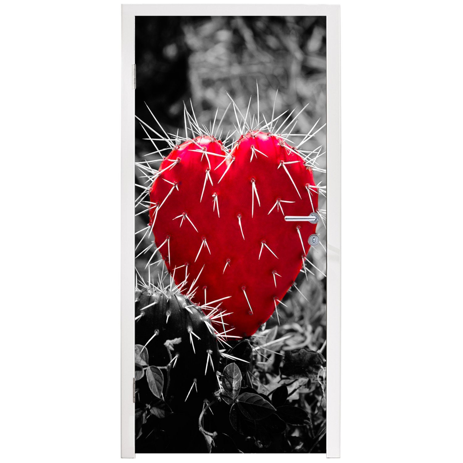 roten cm für bedruckt, Tür, einem Fototapete St), herzförmigen Kaktus, MuchoWow (1 Matt, Türaufkleber, Türtapete mit 75x205 Schwarz-Weiß-Foto