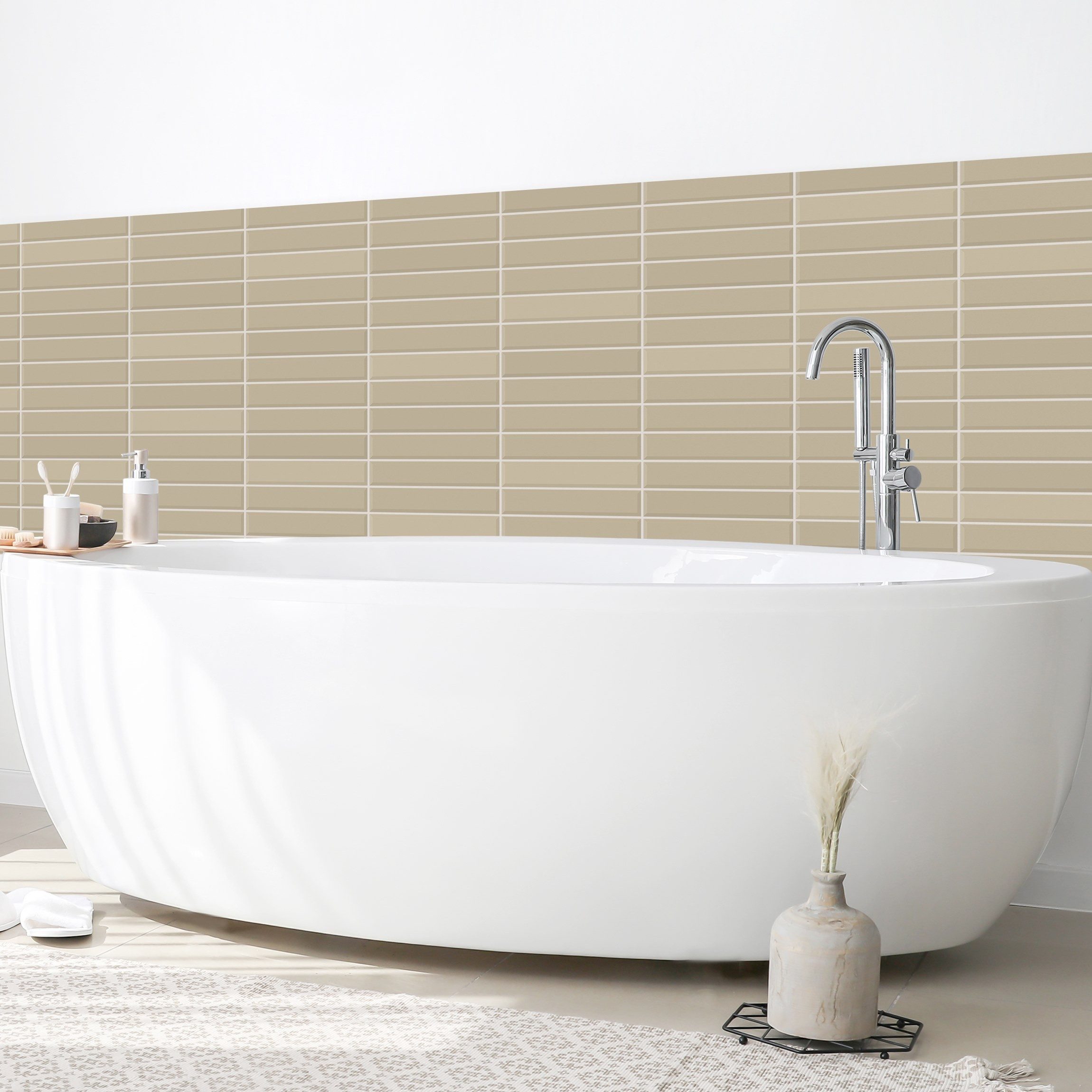 Bilderdepot24 Badrückwand beige fugenlose Wandverkleidung Bad Unifarben, (Hartfolie matt » Selbstklebend SMART 0,35 mm), wasserfestes Wandpaneel Metro Fliesen Beige