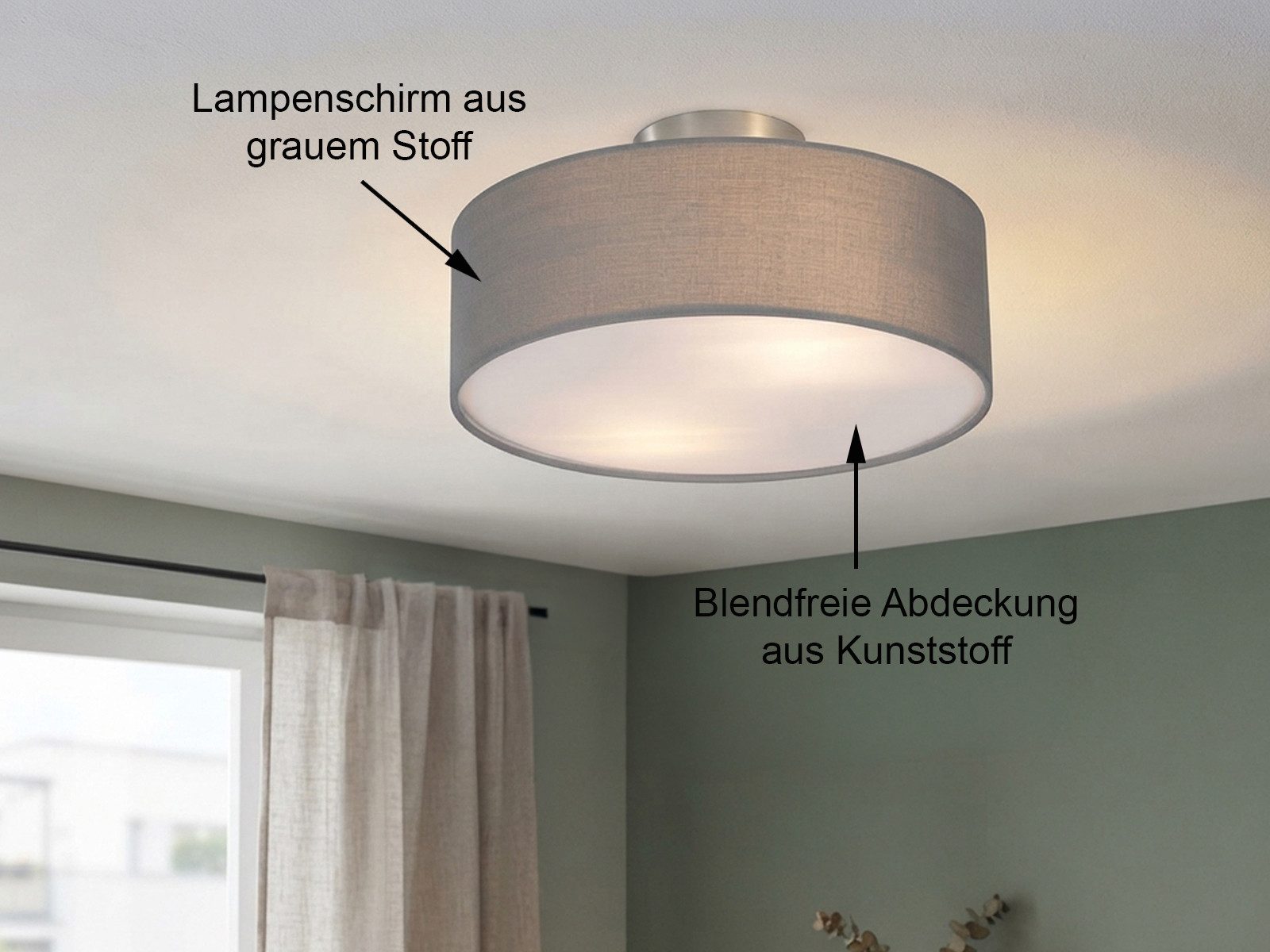 meineWunschleuchte Deckenleuchte mit Stoff Lampenschirm Grau Ø 30cm, ohne Leuchtmittel, kleine Stoff-Lampe, gemütliche Deckenlampe, E14 Schlafzimmerlampe – Bild 4 von 5