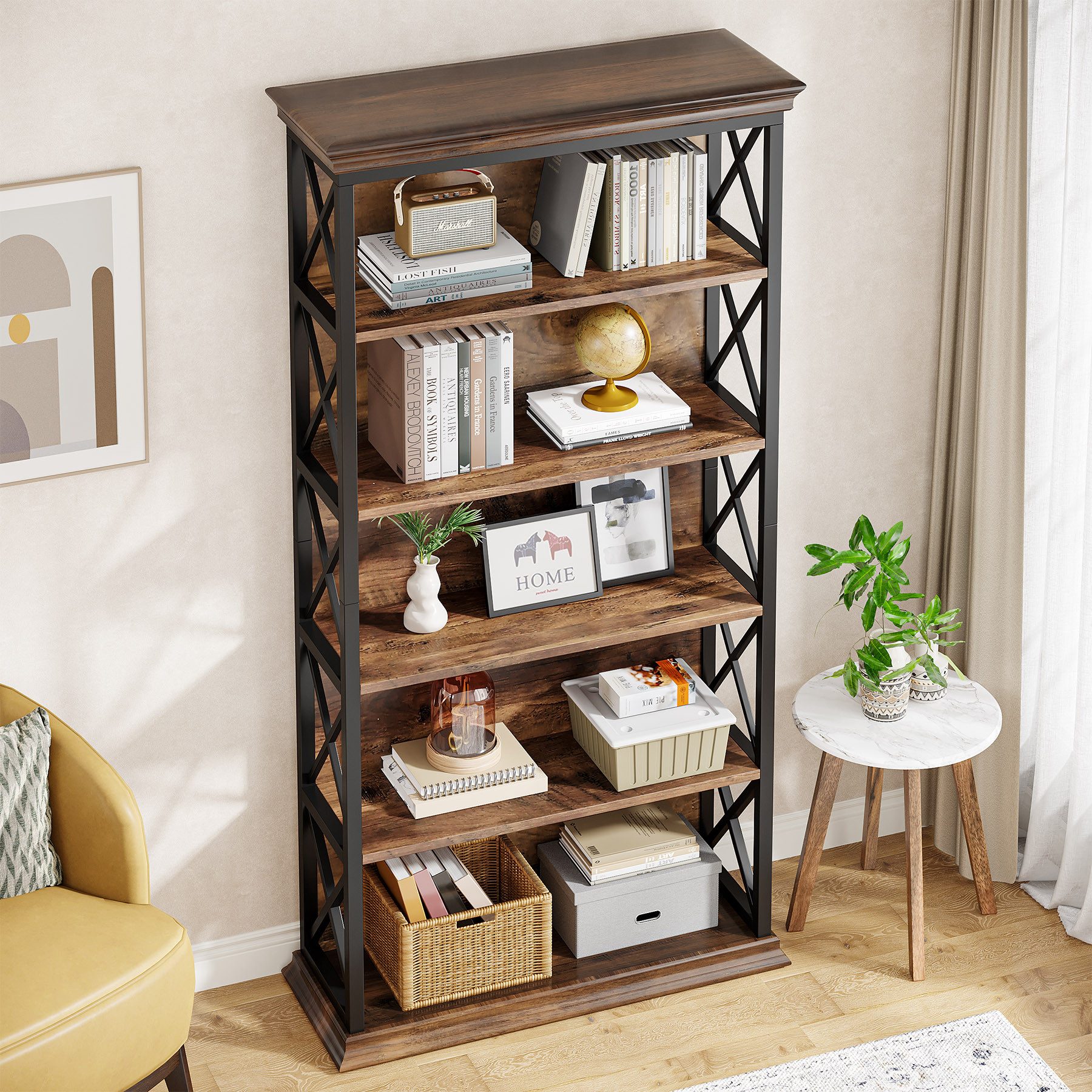 Tribesigns Bücherregal 180cm Standregal, 6-stöckiges regal Holz, offenes Ausstellungsregal, 6-stöckiges Bücherregal Holz mit Metallrahmen für Wohnzimmer, Heimbüro