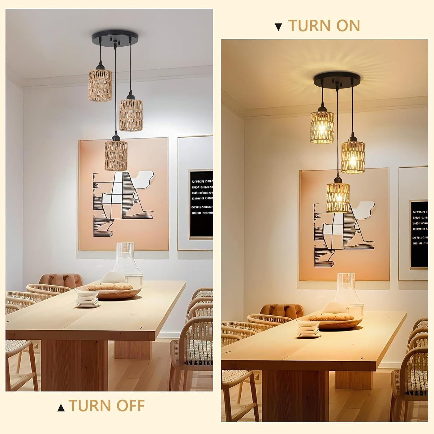 POPOLIC Pendelleuchte Boho Rattan Hängeleuchte 1/3-flammige, Deckenleuchten Wohnzimmer, mit 3 Glühbirne-Warmes Weiß, LED fest integriert, Boho Natur Wohnzimmer Esszimmerlampe