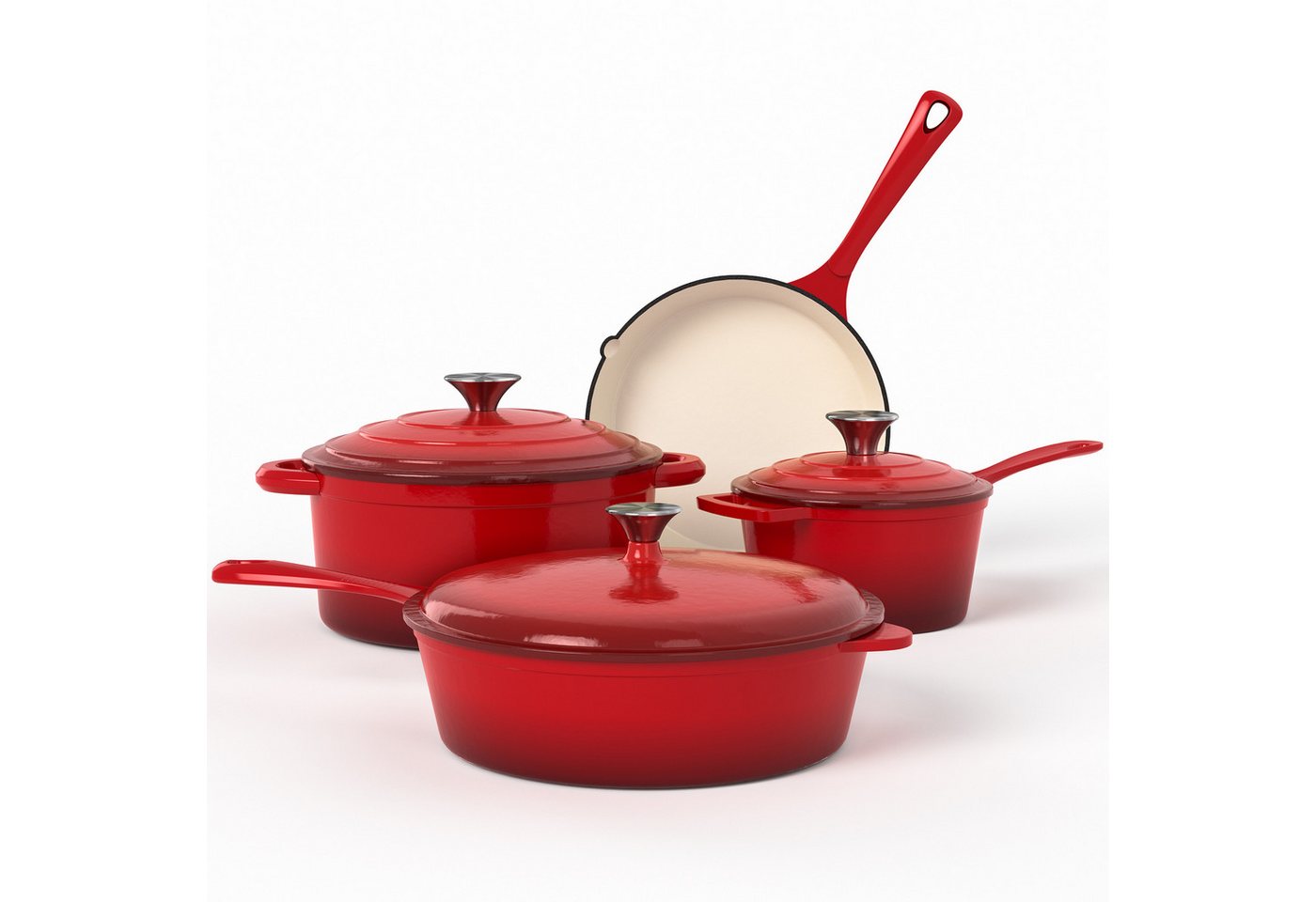 Kitchen Academy Topf-Set, 7-teilig Emailliert Gusseisen Topf und Pfannenset (Für alle Herdarten & Induktion), Optimale Wärmespeicherung, Mühelose & leichte Reinigung