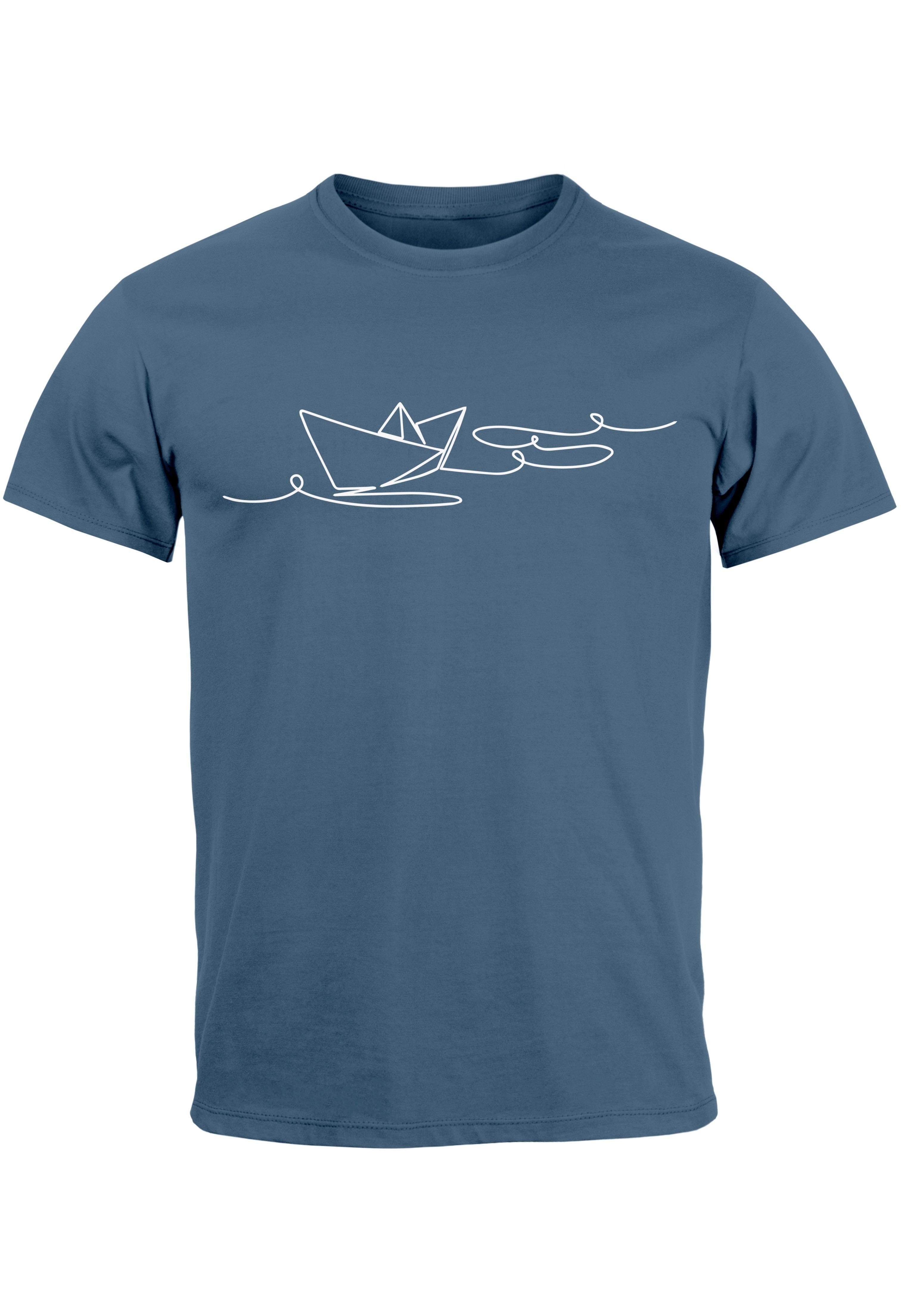 Neverless Print-Shirt Herren T-Shirt Boot Polygon Papier-Schiff Origami Aufdruck Print Fashi mit Print denim blue