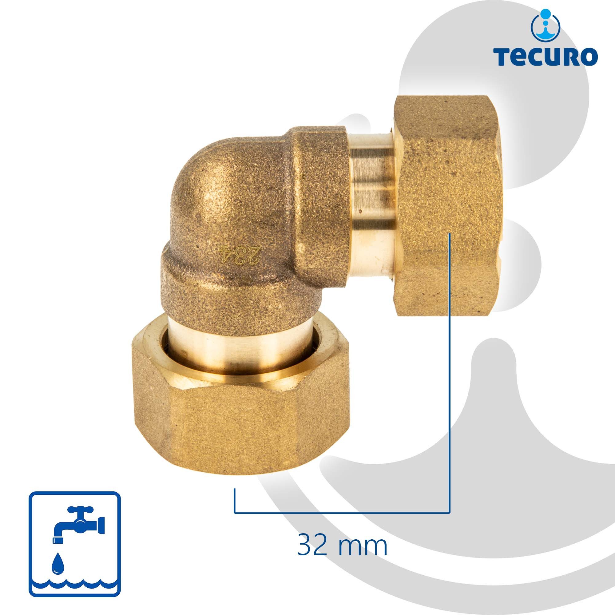 tecuro Gewindefitting Winkel 90°, beidseitig Überwurfmutter (flachdichtend) - MS-blank, 3/4 Zoll