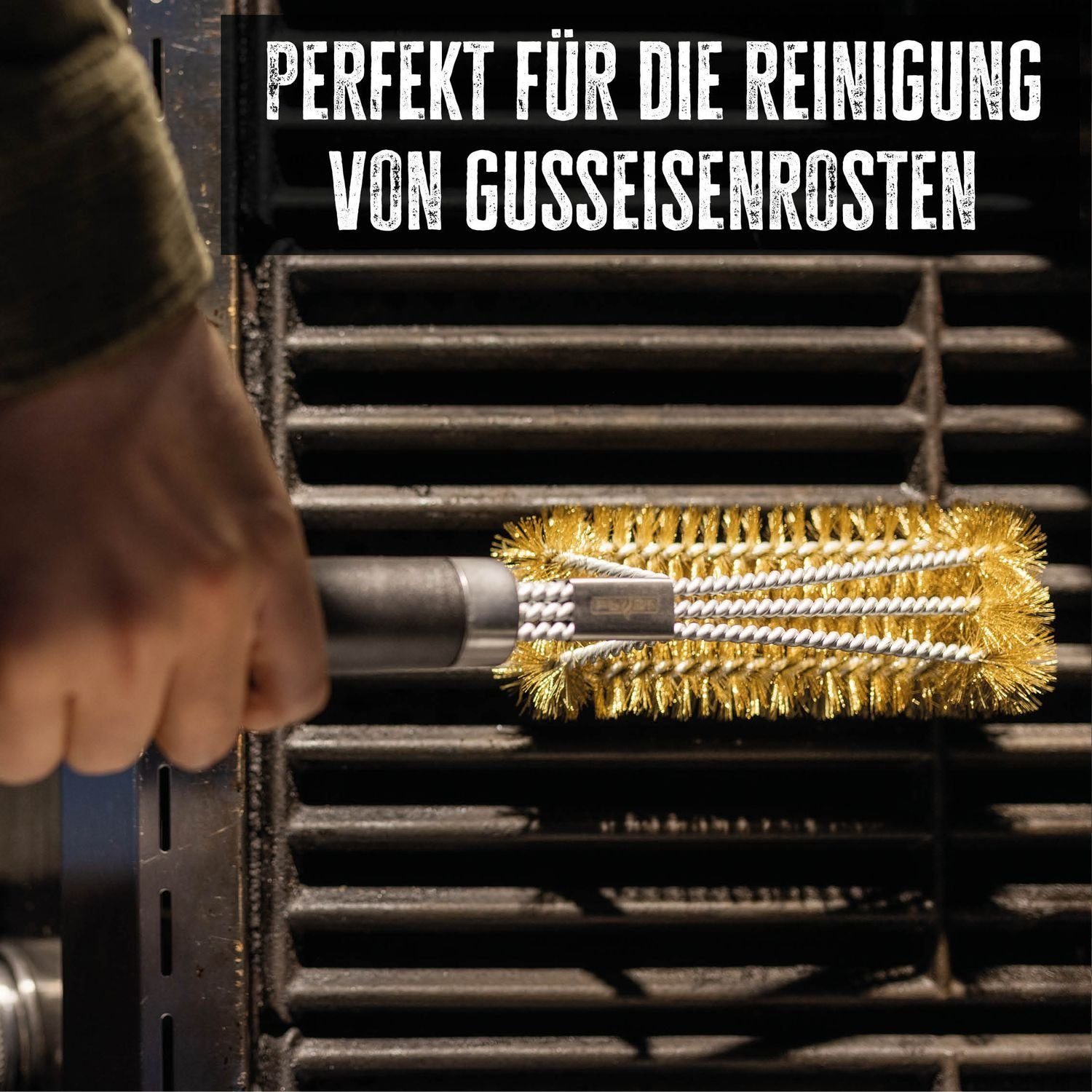Grillfürst Grillbürste 2x Grillfürst Premium Grillbürste aus Messing mit langem 3-fach Bürstenkopf und Schaber – Bild 4 von 5
