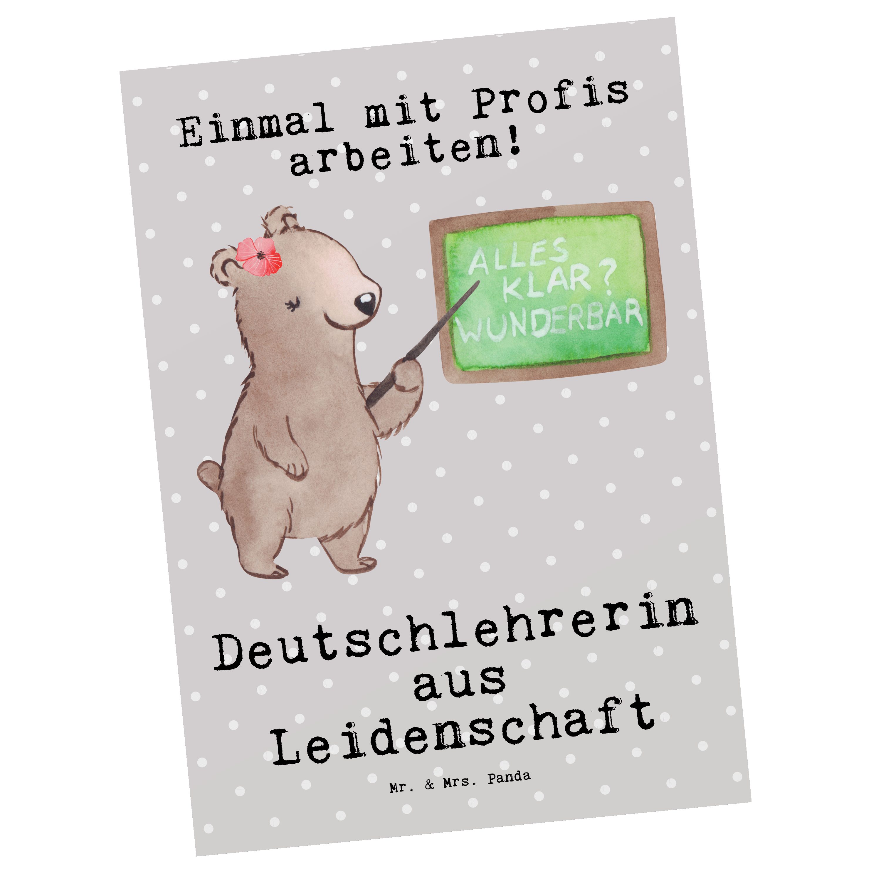 Mr. & Mrs. Panda Postkarte Deutschlehrerin aus Leidenschaft - Grau Pastell - Geschenk, Deutschun