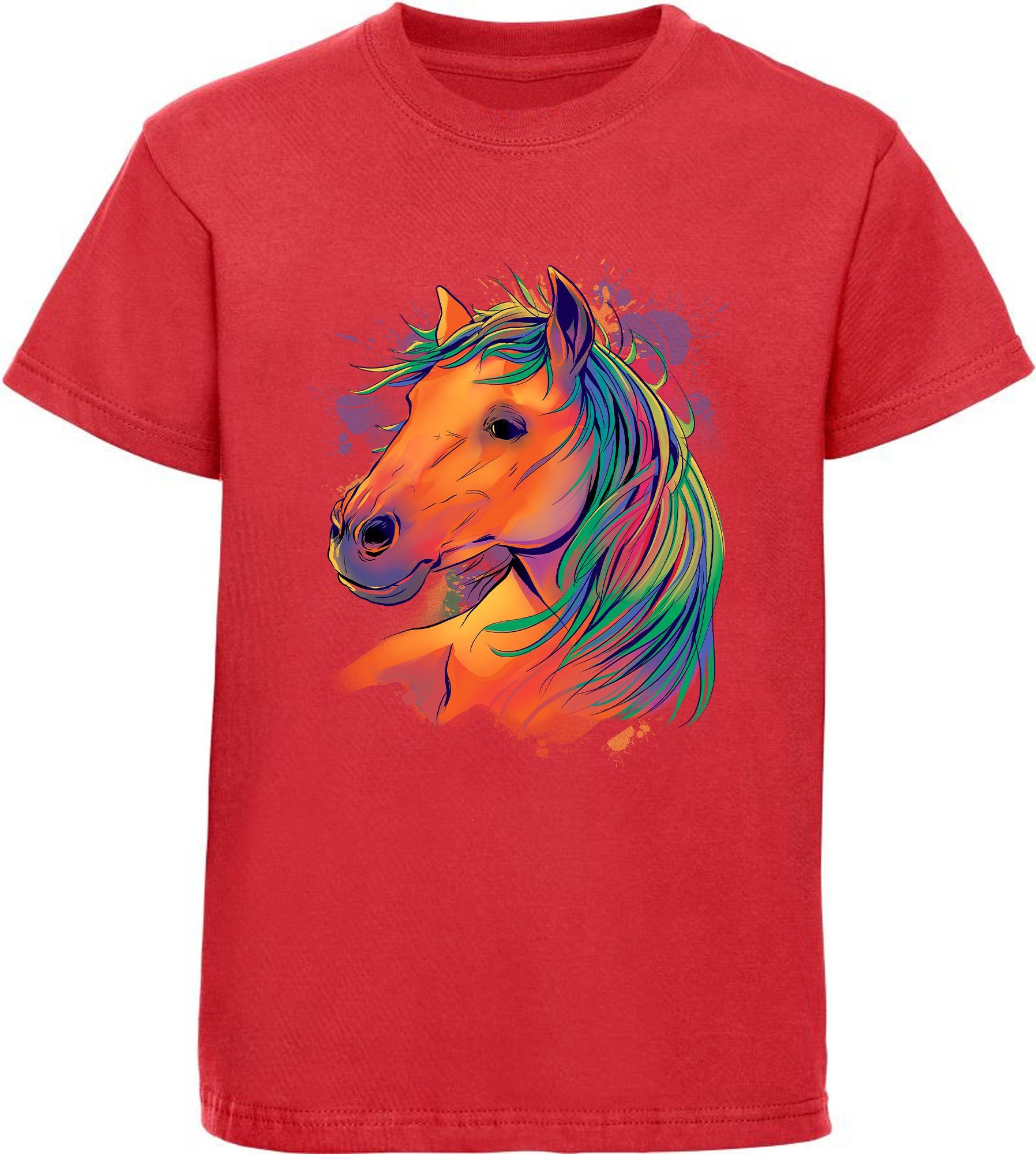 MyDesign24 Print-Shirt bedrucktes Mädchen T-Shirt - Pferdekopf in Ölfarben Baumwollshirt mit Aufdruck, i167 rot