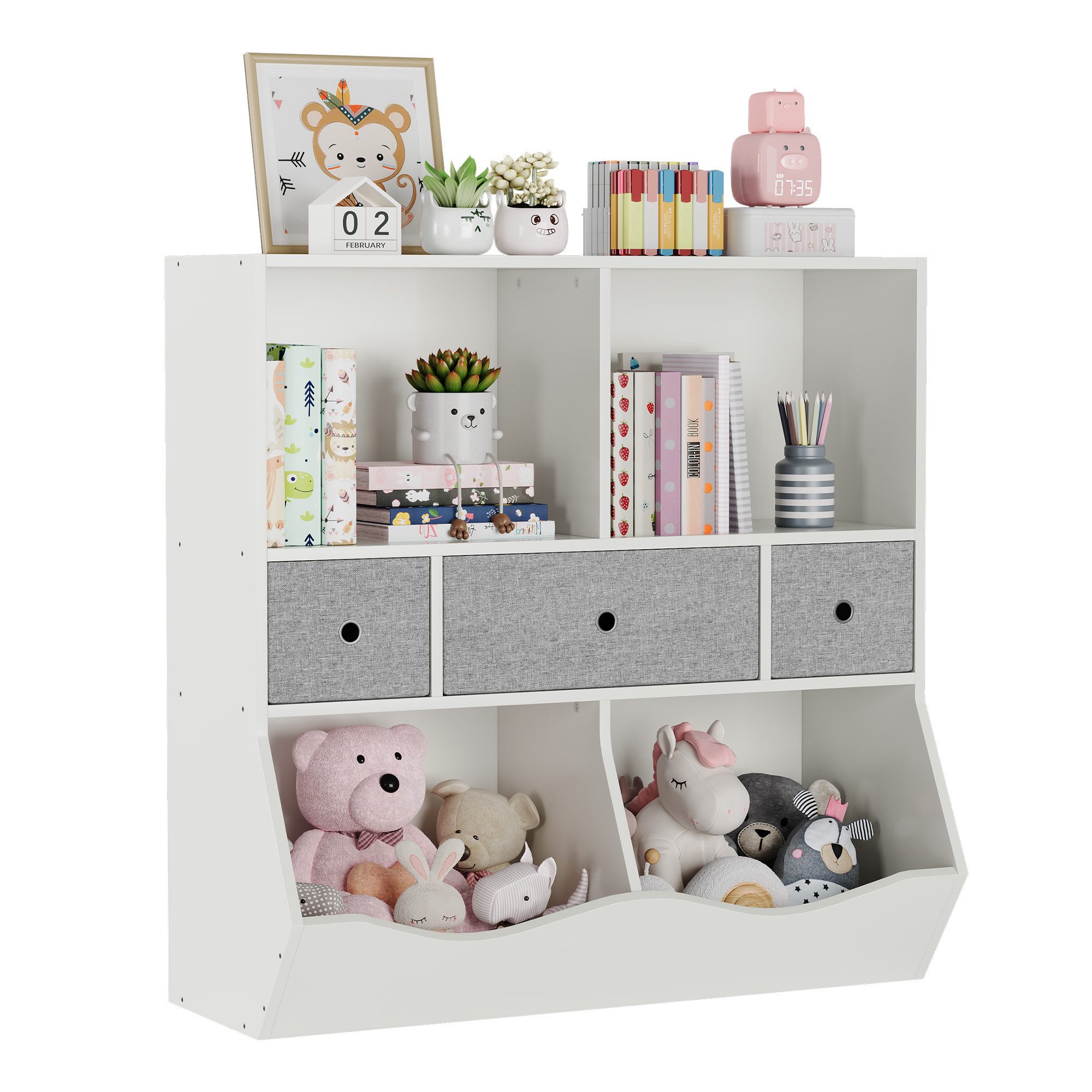 GarveeMore Kinderregal Bücherregal Kinder Spielzeugregal mit 3 Schubladen 93x30x93cm