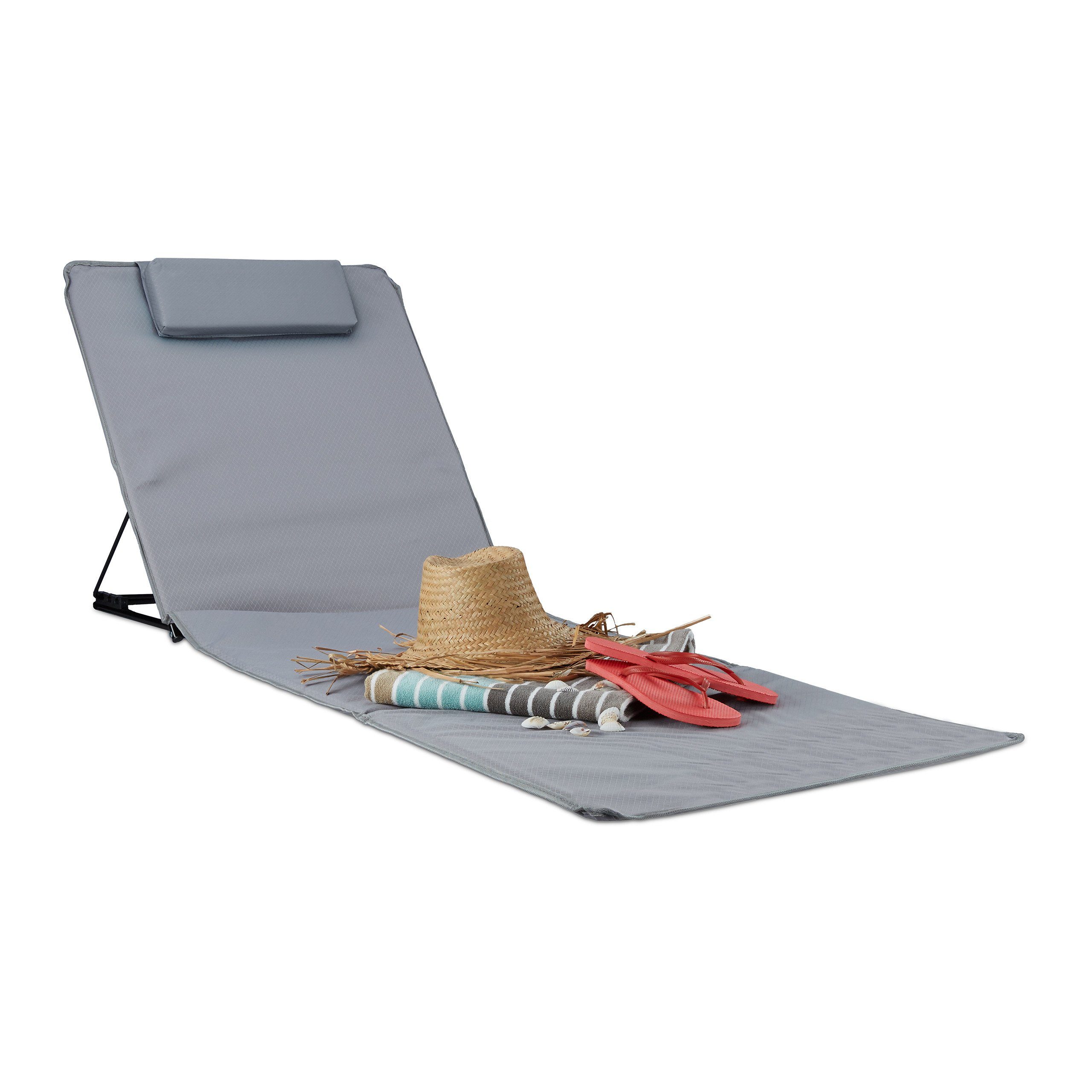 relaxdays Strandtuch Strandmatte XXL mit Kopfkissen, Grau Grau Schwarz