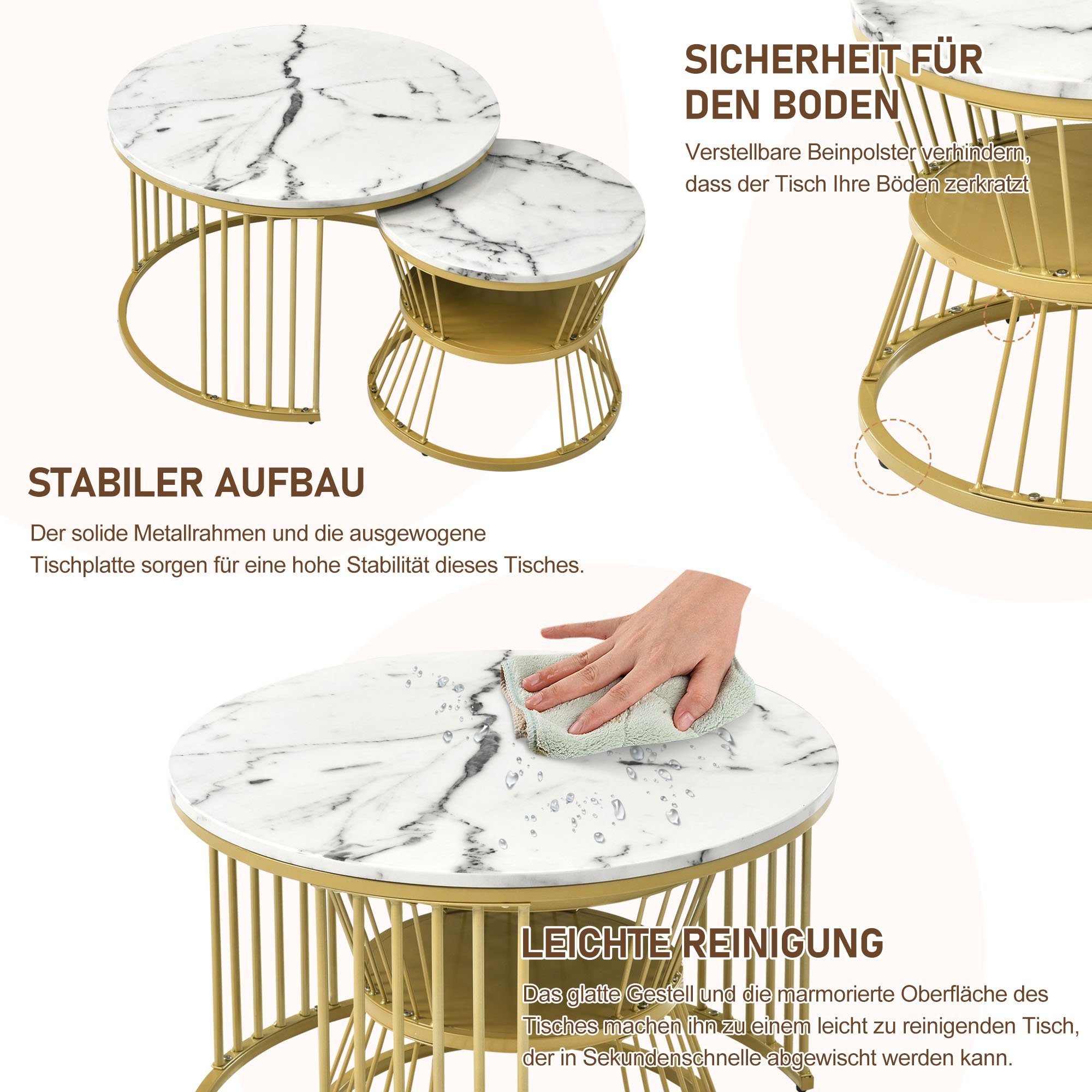 WISHDOR Endtische), Runde Nesting Set Weiß+Gold Sofa von Couchtisch Nest Couchtisch Tischen Marmor Nesting Moderne 2er Couchtisch Couchtisch, Furnier und Seite (Moderne