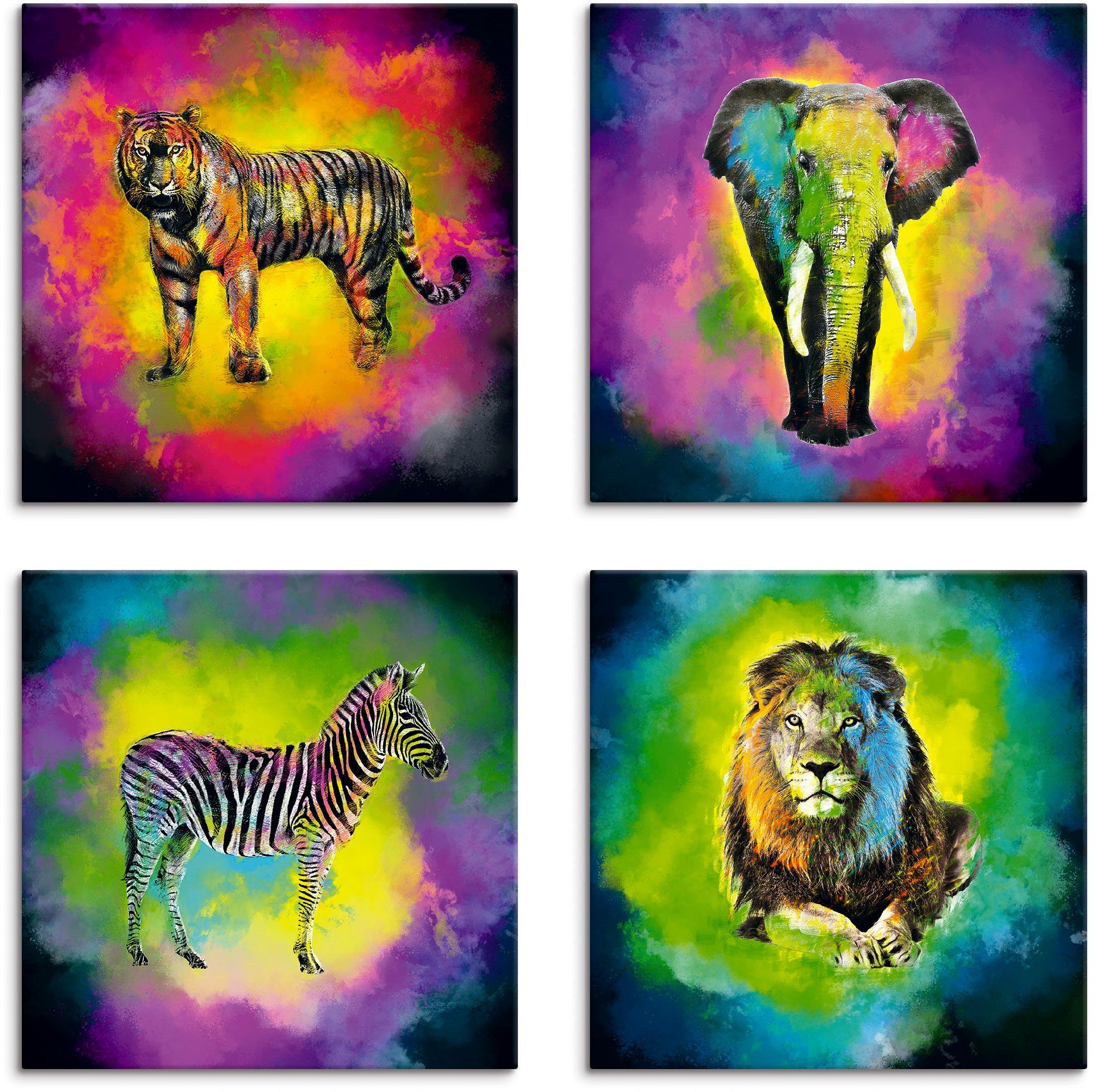 (4 Größen verschiedene St), Artland Löwe Leinwandbild Farbexplosion Set, Tiger, 4er Zebra Wildtiere Elefant