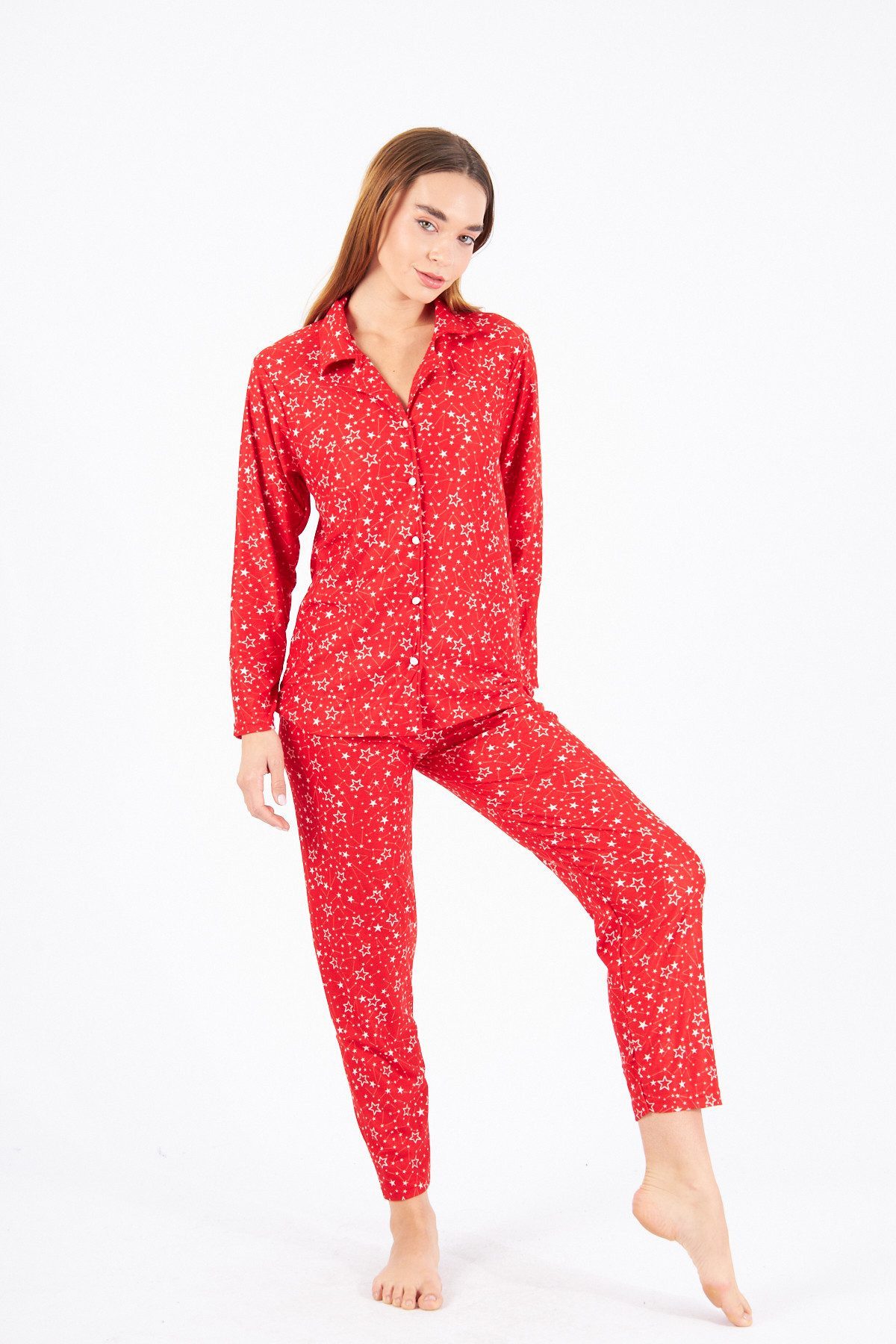 fashionshowcase Schlafanzug Damen Pyjama Set Langärmliges Hemd Lange Hose 100% Baumwolle (Zweiteiler, Nachthemd mit Hose) mit Knopfleiste